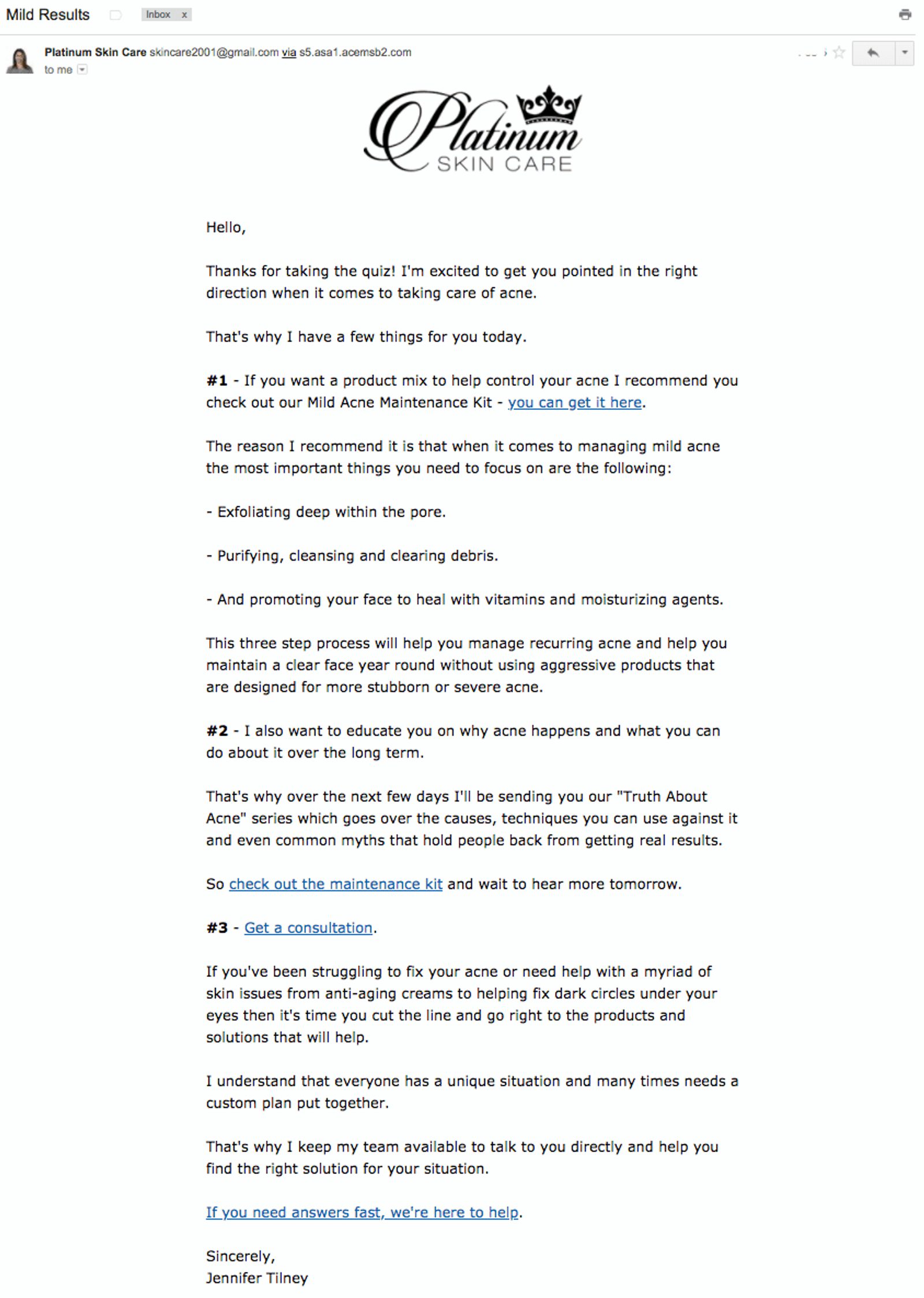 platinum skin care welcome email example