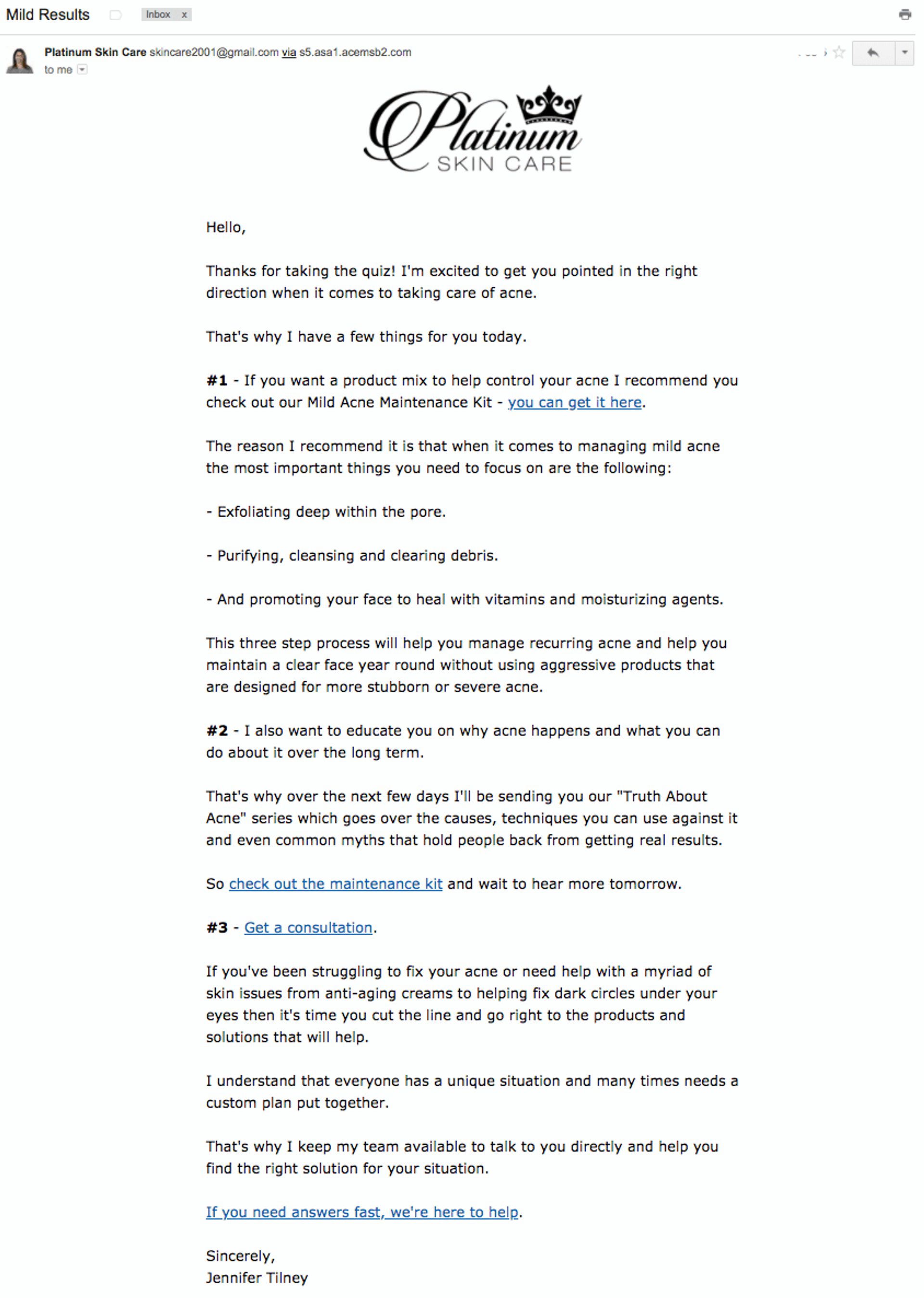 platinum skin care welcome email example