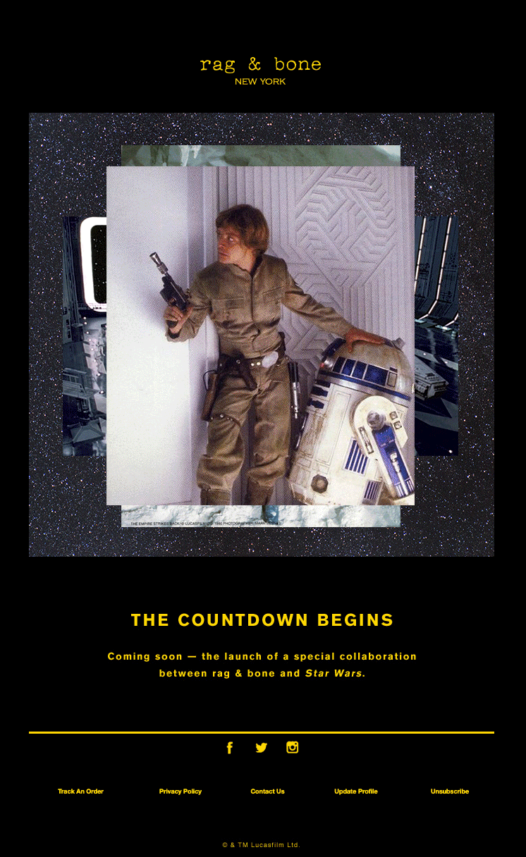 rag & bone limitierte Auflage der Einführungs-E-Mail mit Star-Wars-Countdown-Motiv