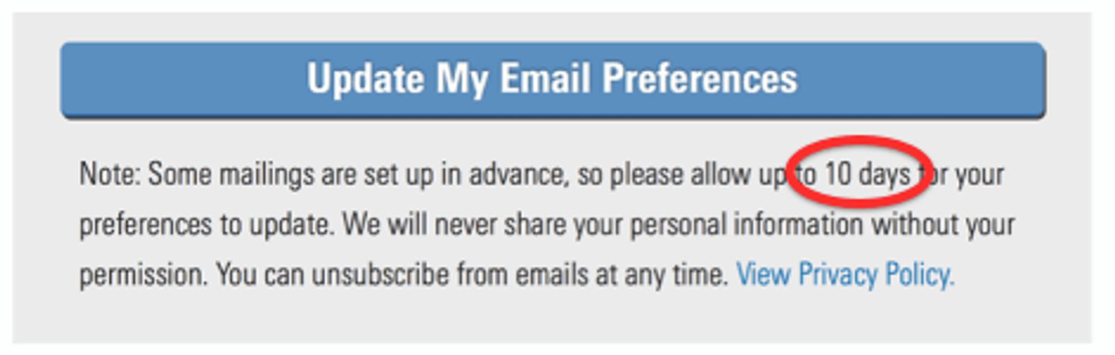 bad example of an unsubscribe email using a waiting period