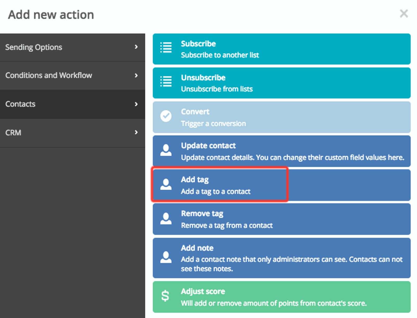New action form in ActiveCampaign