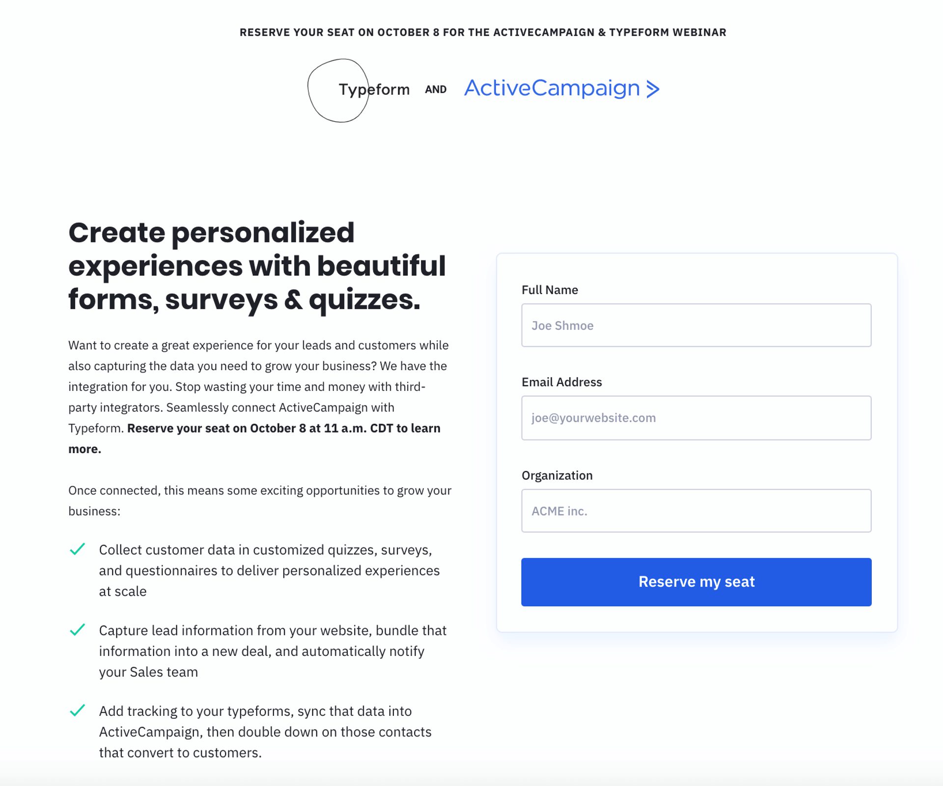Active Campaign landing page