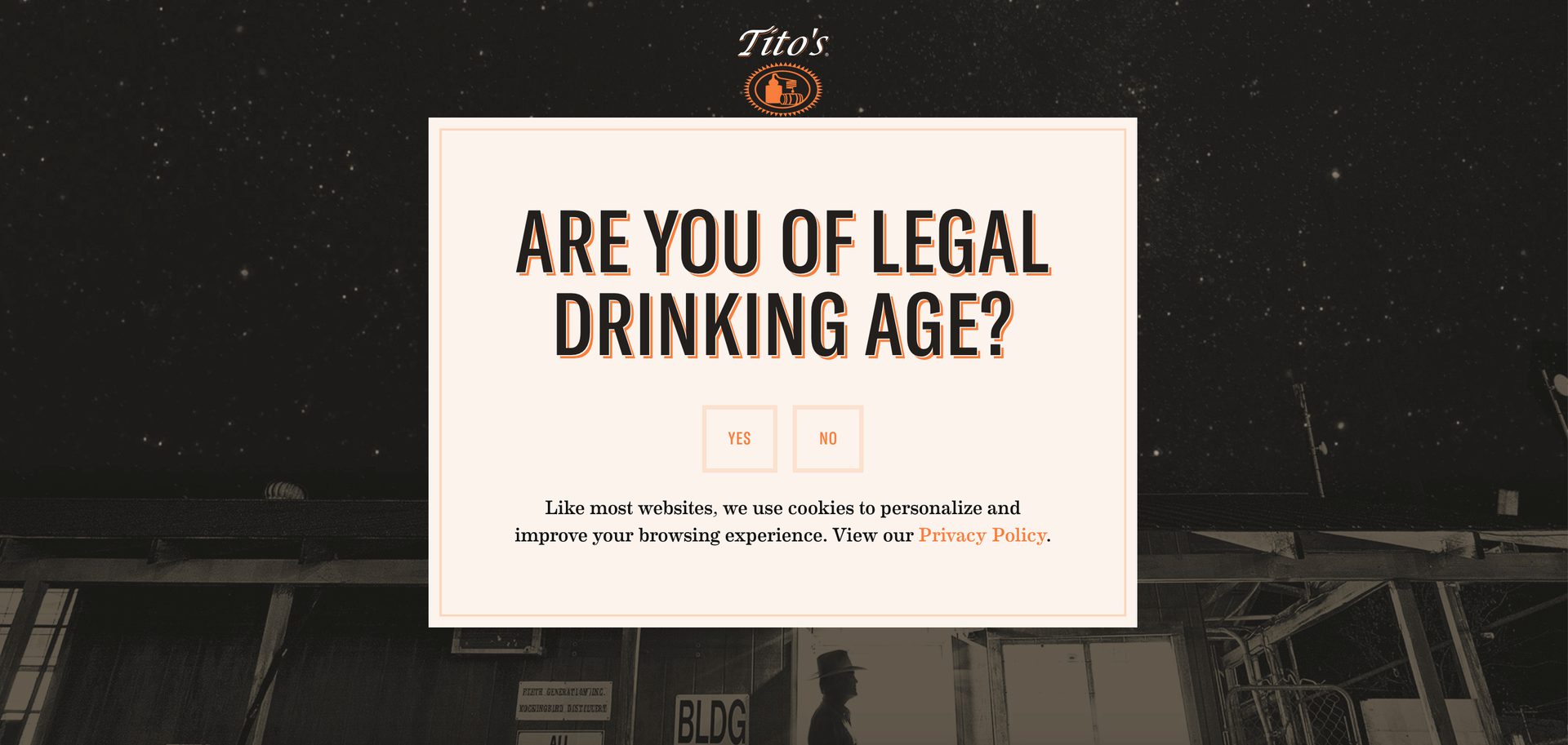 Tito's Vodka splash page
