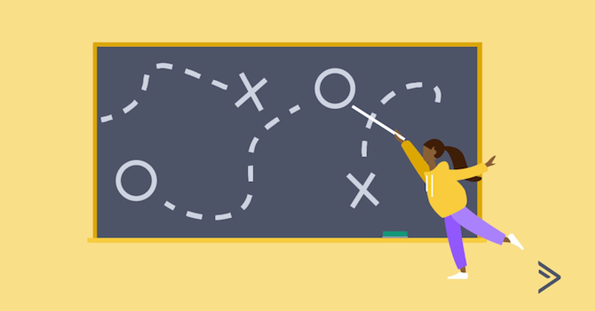 Professor apontando para um quadro negro com Xs e Os