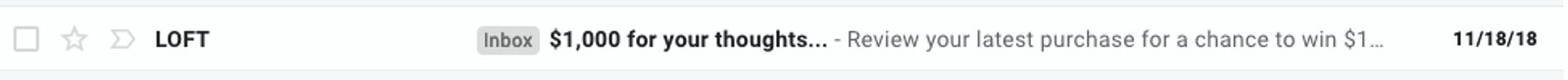 Screenshot of a LOFT email subject line and preheader in an inbox