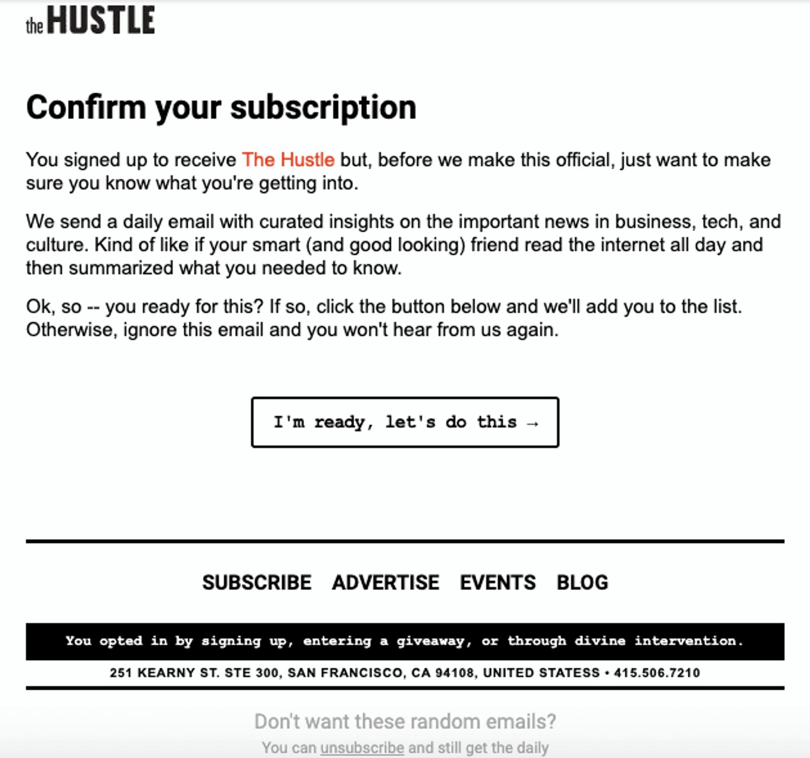 Screenshot of a Hustle confirmation email