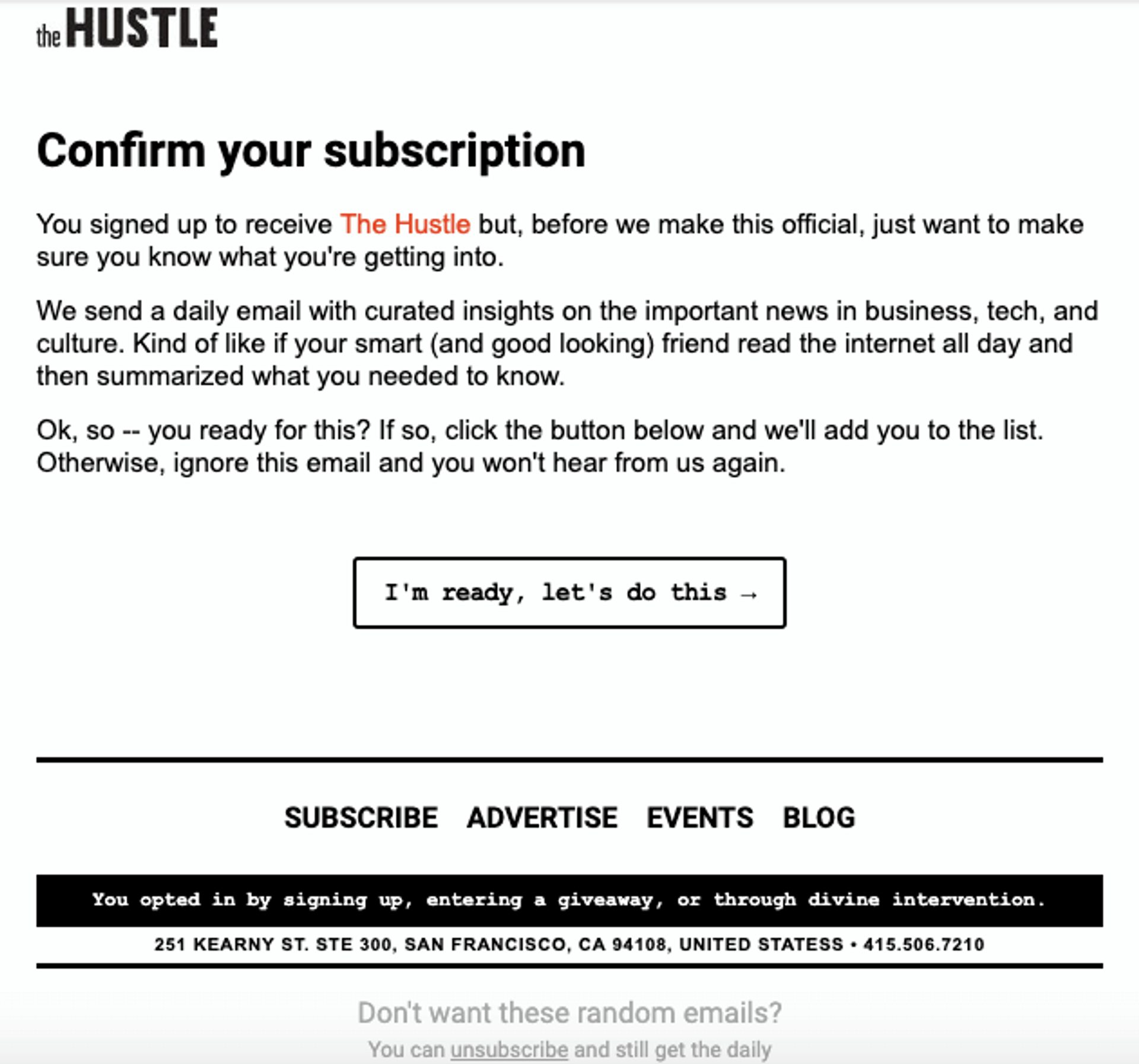 Screenshot of a Hustle confirmation email