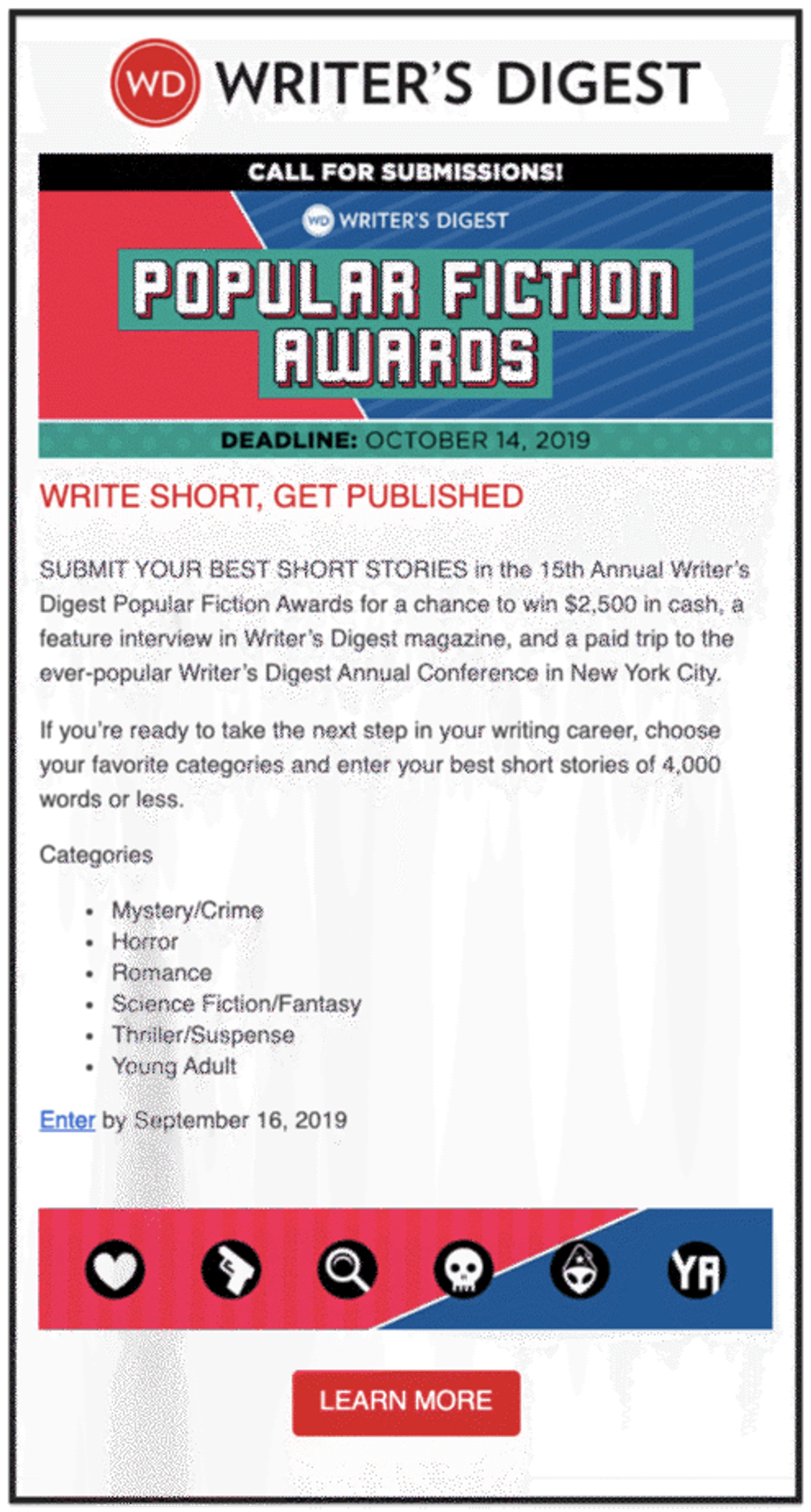 Writer's Digest content popular fiction awards email newsletter design example