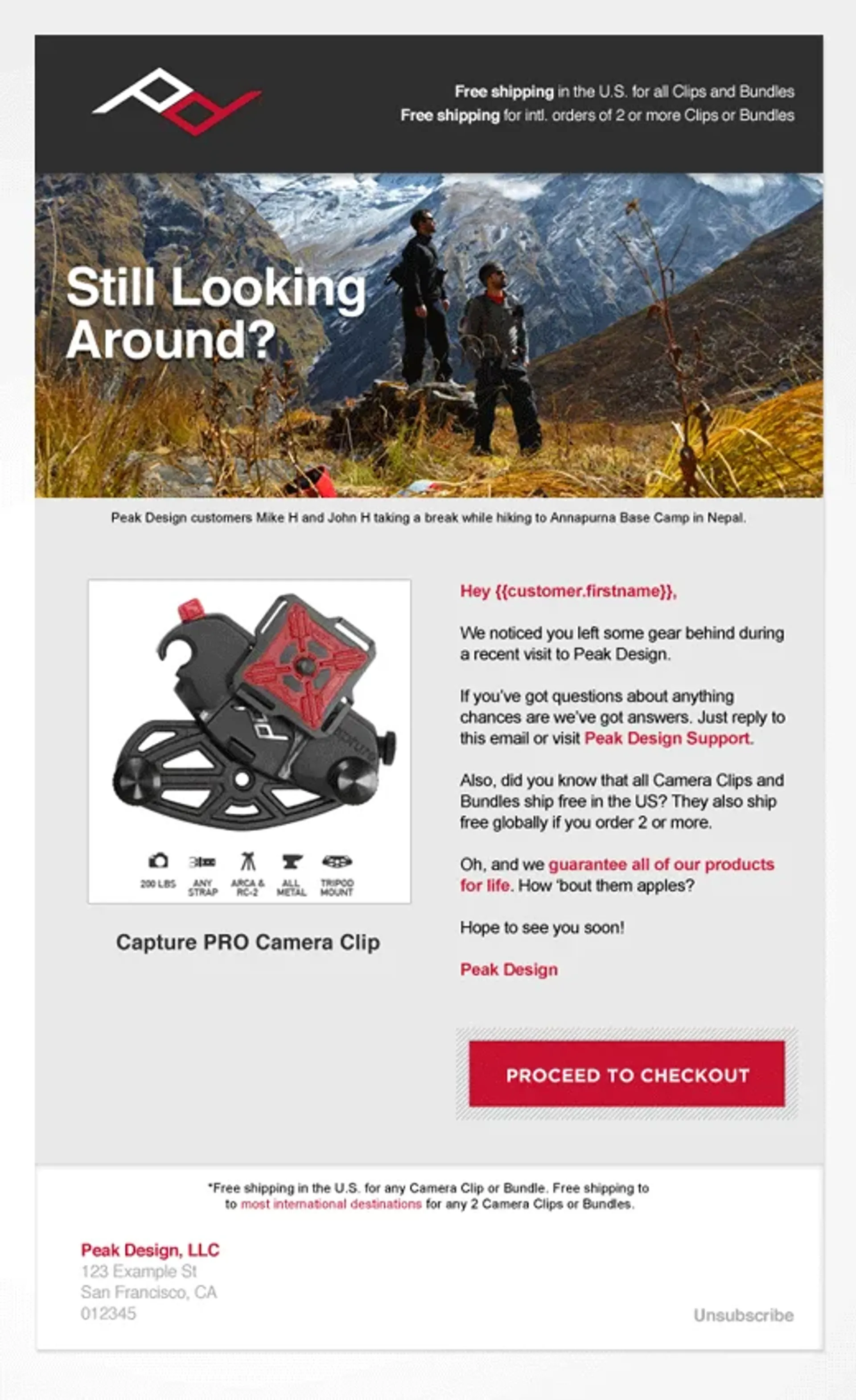 Correo electrónico de carrito abandonado de Peak Design