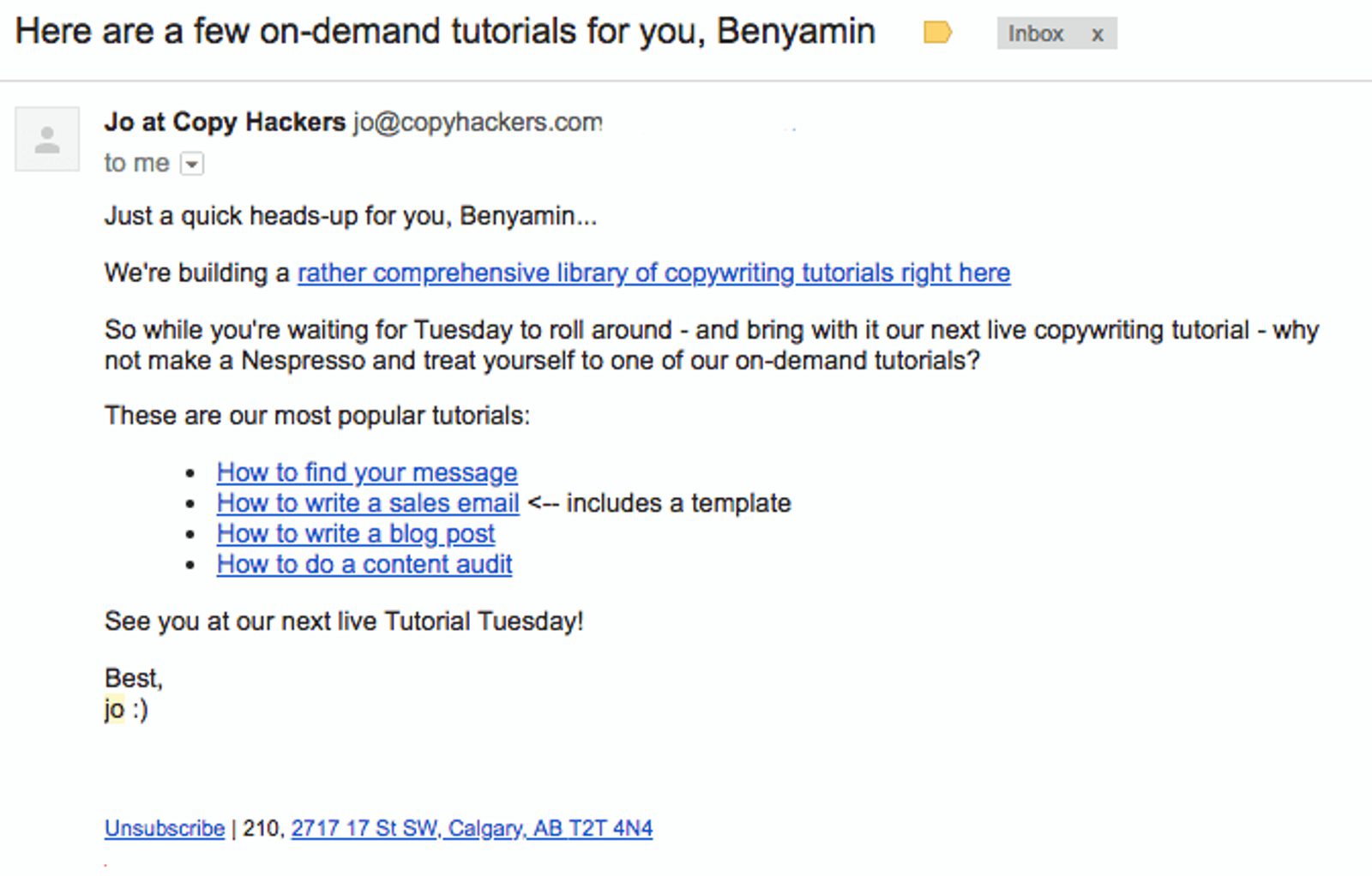 Copy Hackers welcome email