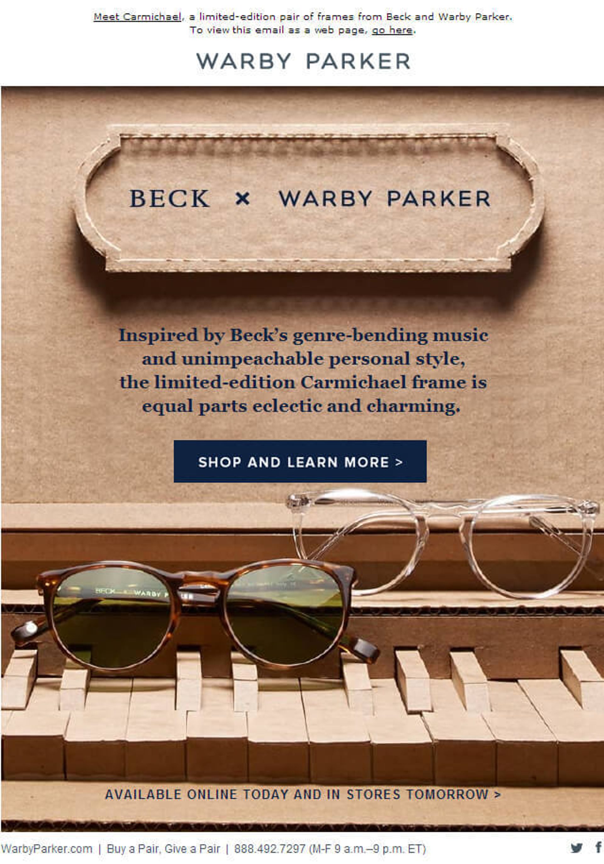 Warby Parker Einführungs-E-Mail mit Beck Carmichael-Gestell in limitierter Auflage