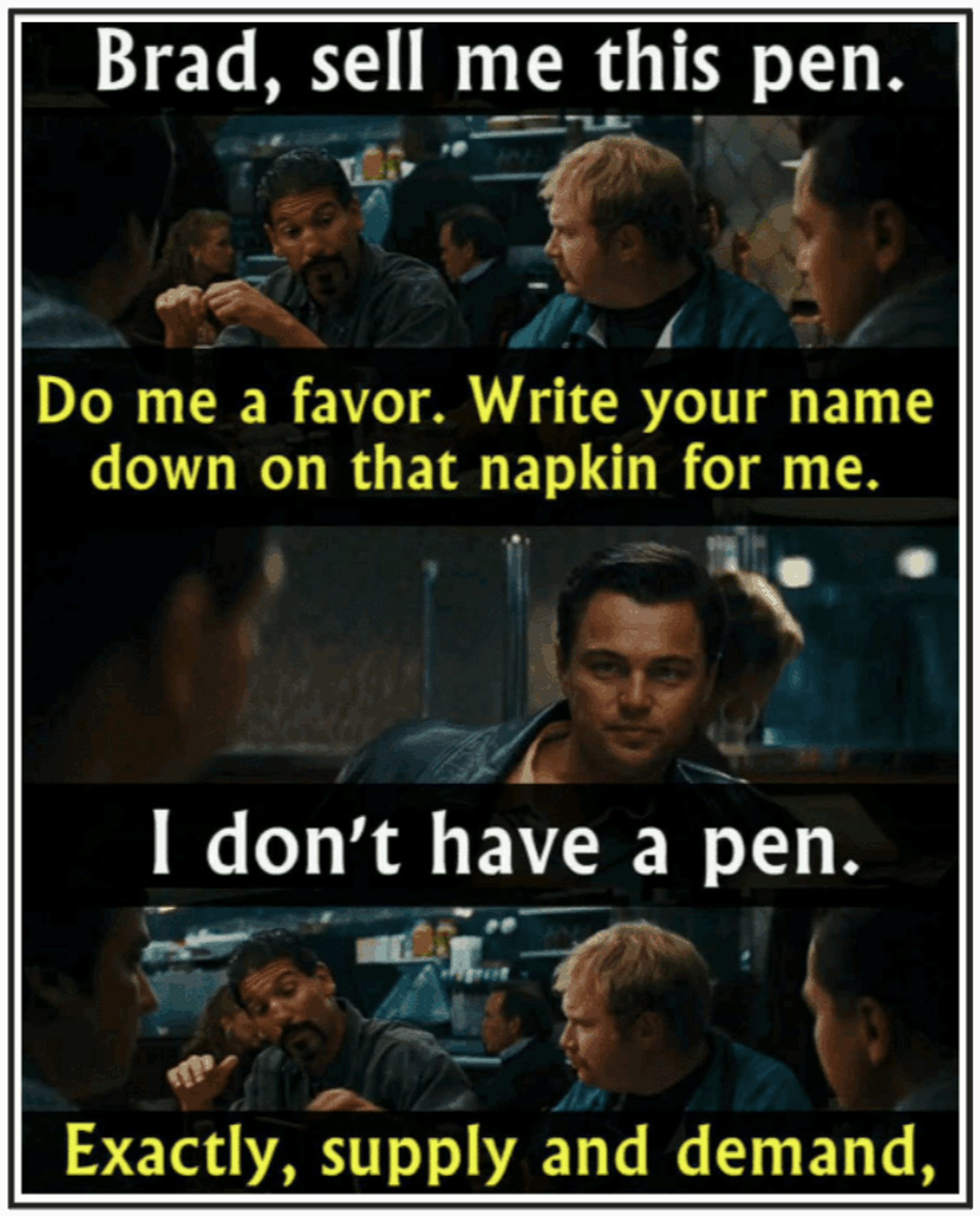 understanding customer needs using Wolf of Wall Street scene where Brad sells a pen
