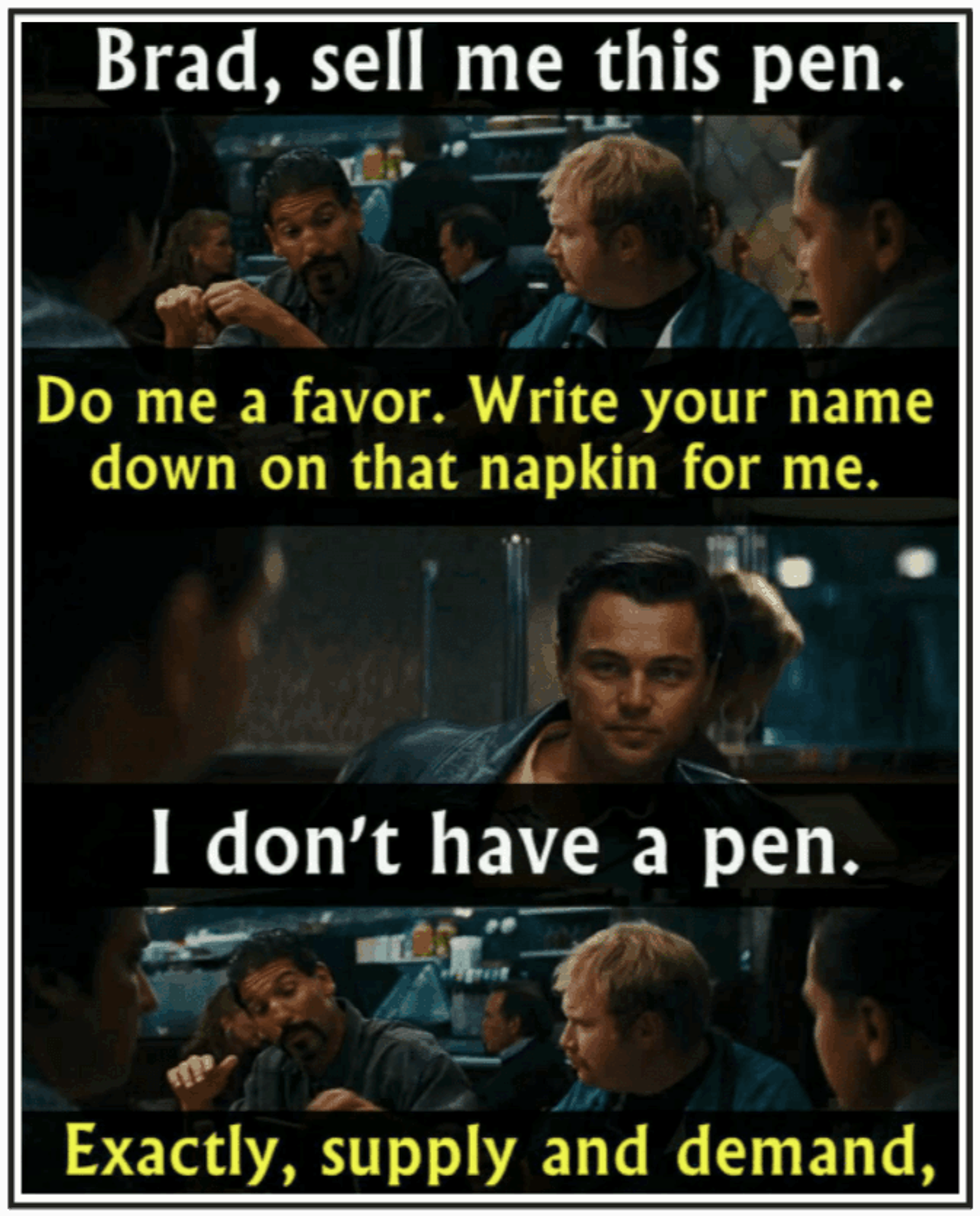 understanding customer needs using Wolf of Wall Street scene where Brad sells a pen