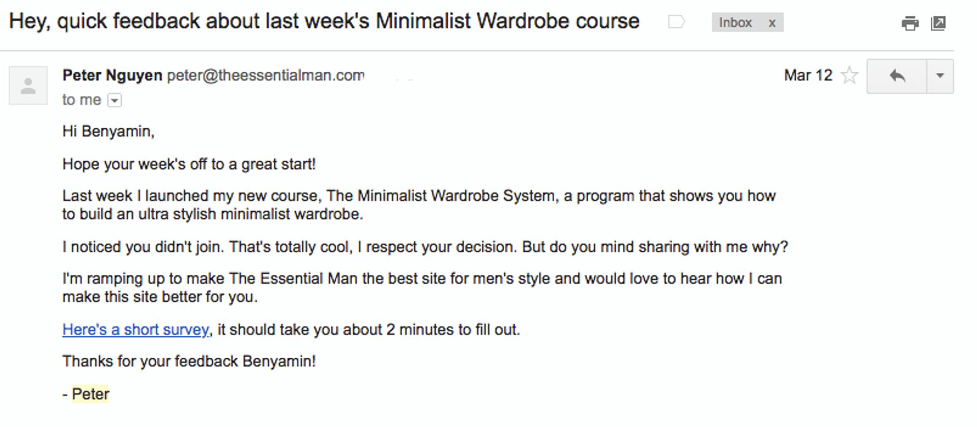 Peter Nguyen survey email