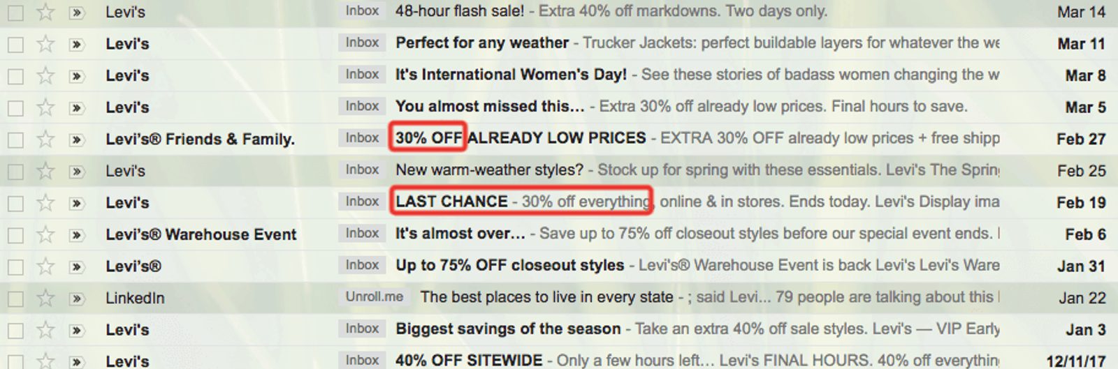 schermata della posta in arrivo contenente email di Levi's, di cui la maggior parte è contrassegnata come "non letta".