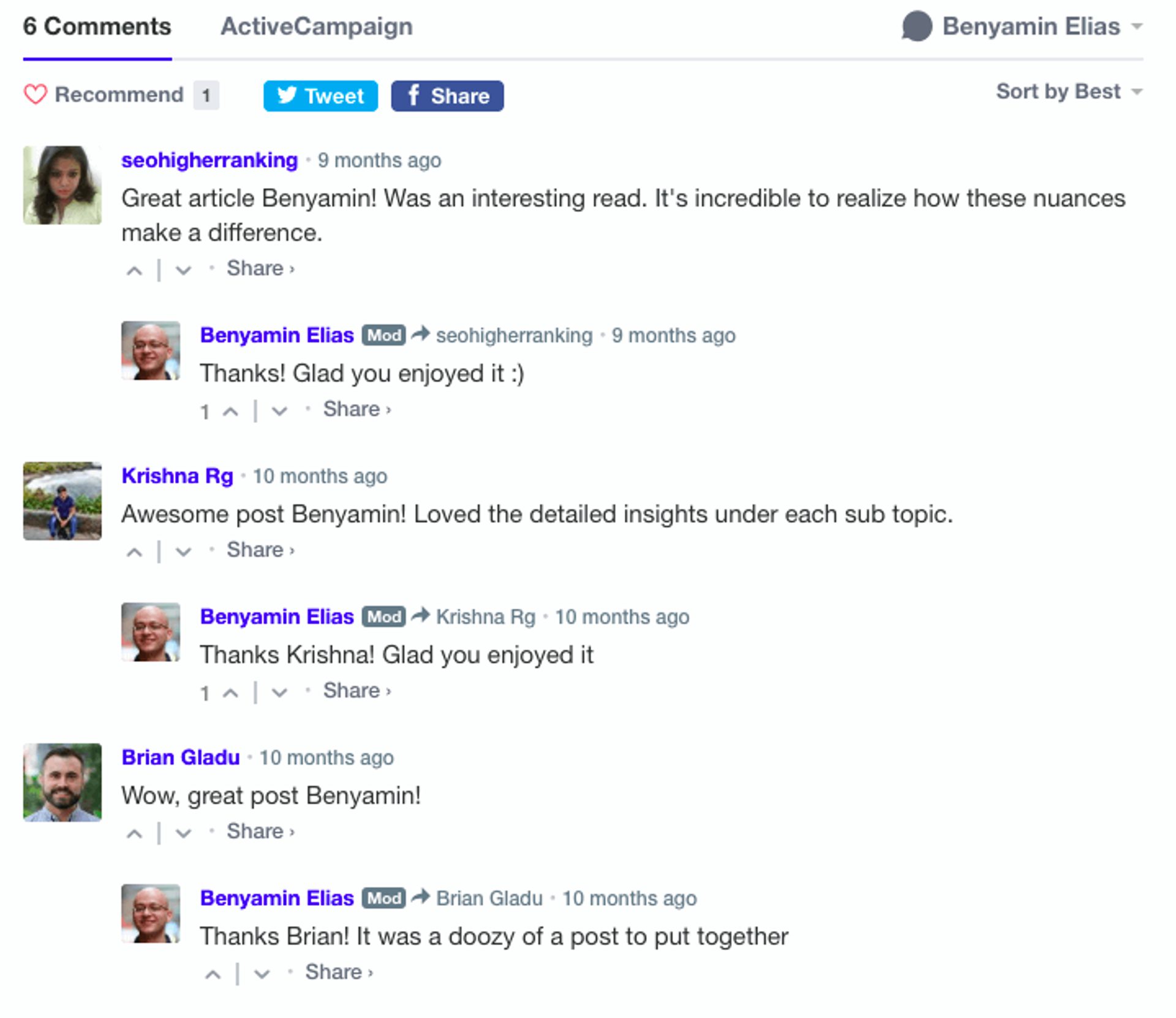 Screenshot of blog comments section