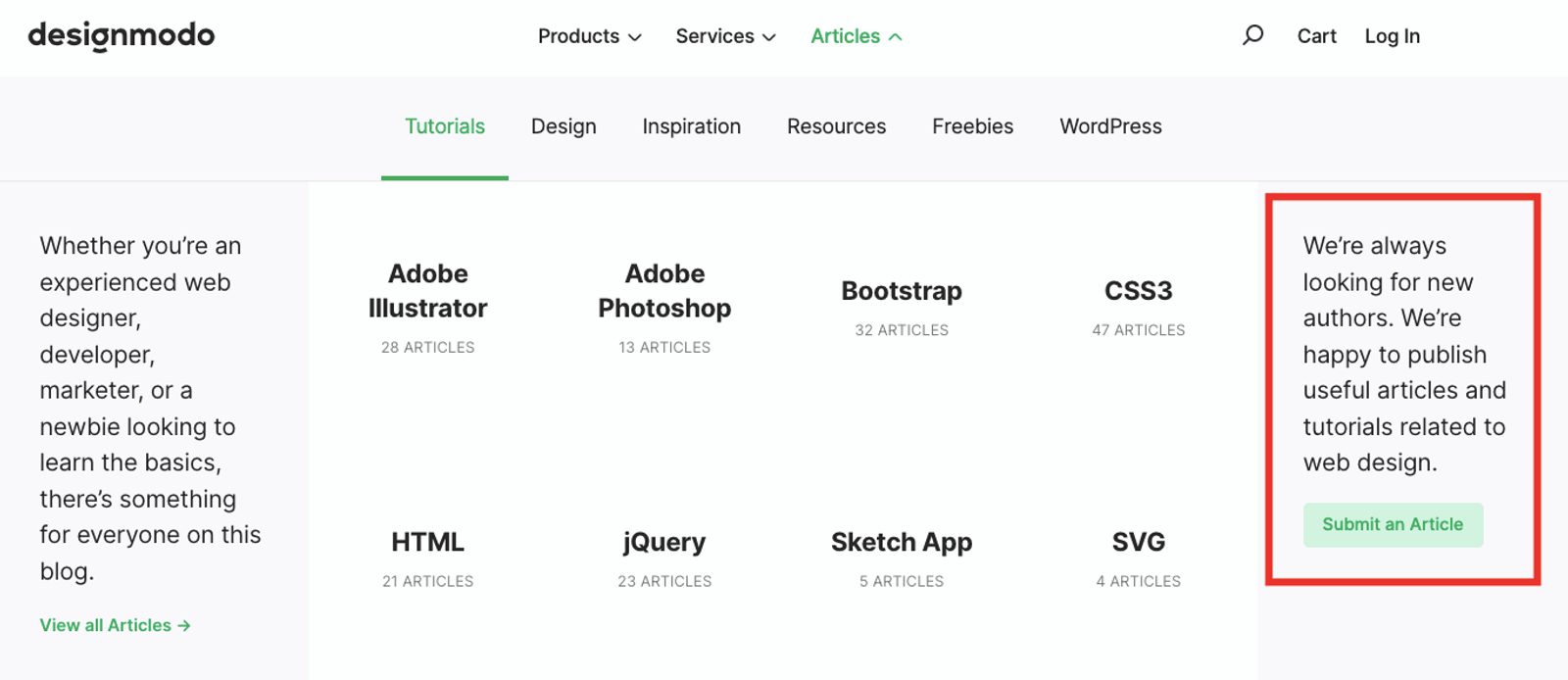 Screenshot of the drop down menu with button to submit an article