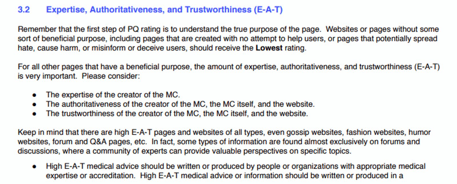 Screenshot of Google's explanation of ranking factors