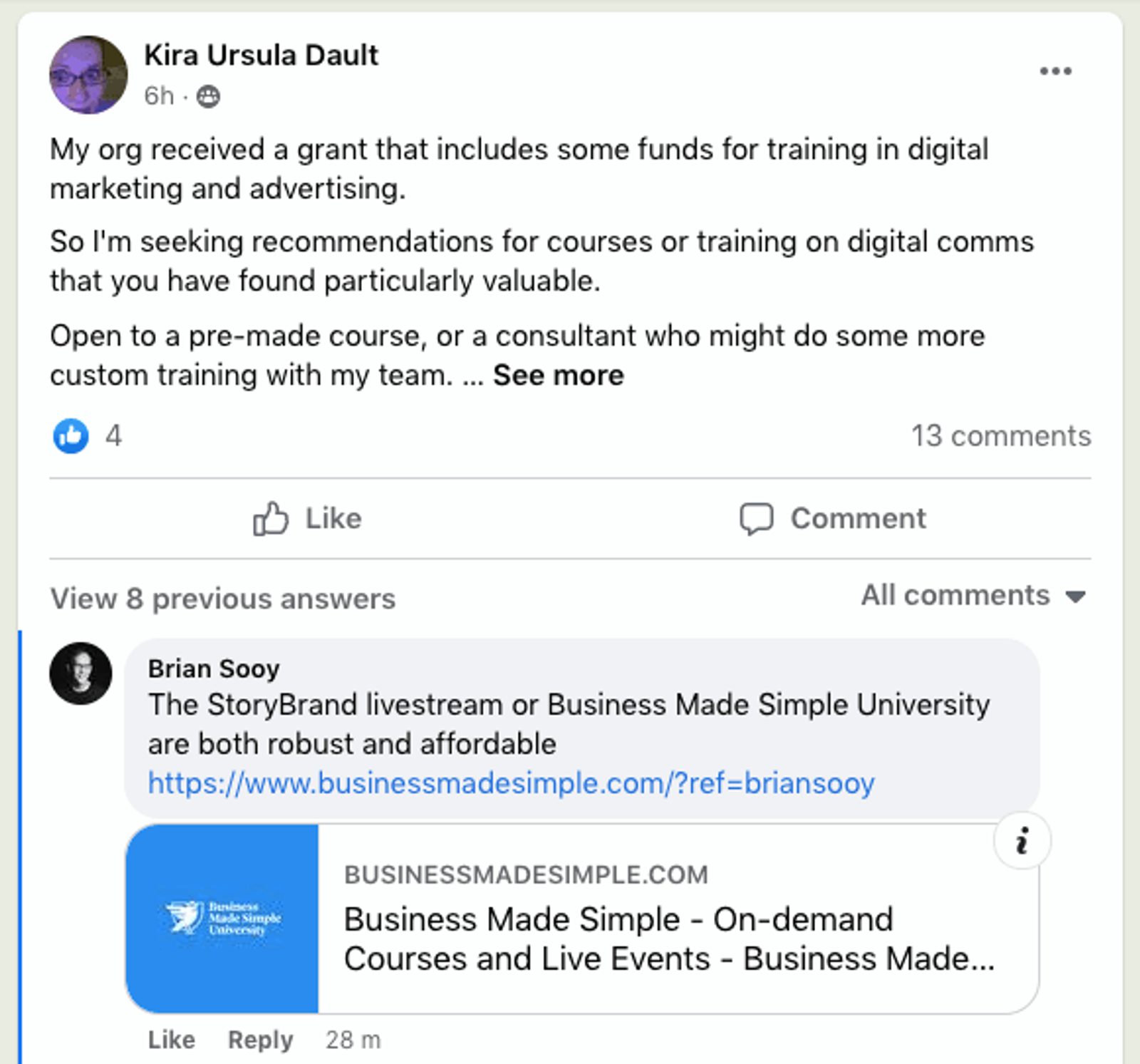Screenshot of a Facebook post with comment