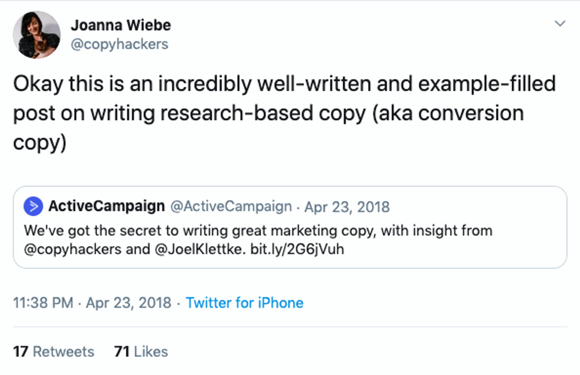 Screenshot of a tweet by Joanna Wiebe