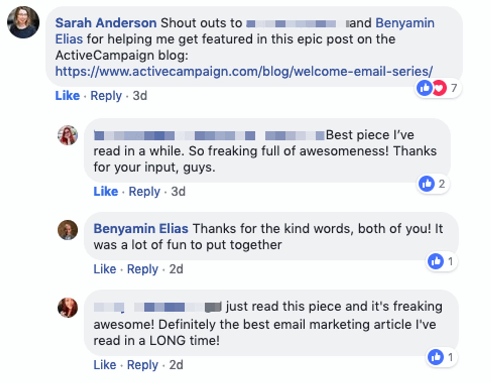 Screenshot of blog comments on social media