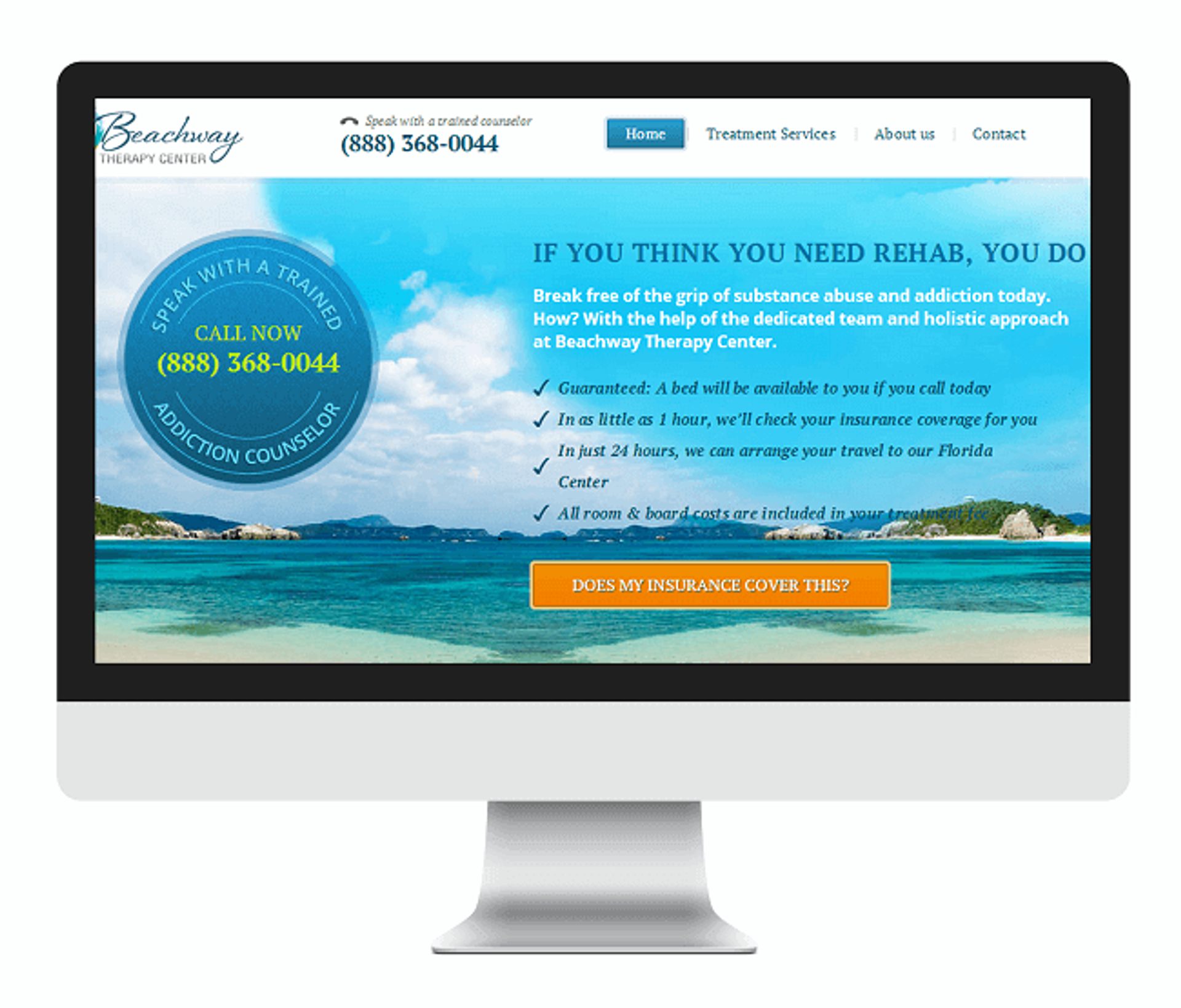 A computer screen showing the website of a rehab center