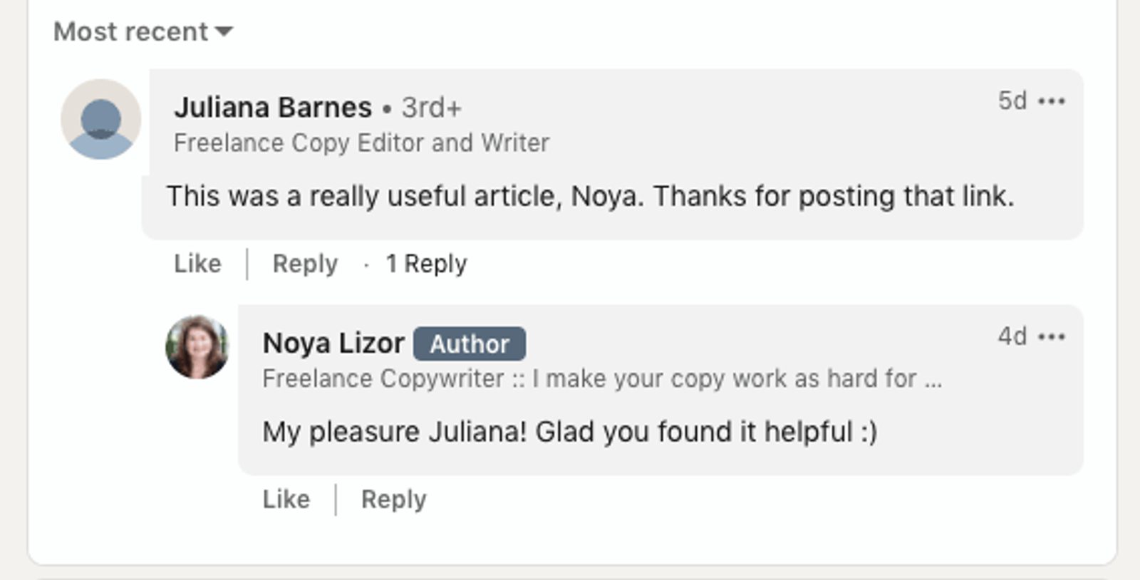 Screenshot of a comment on a LinkedIn post with author reply