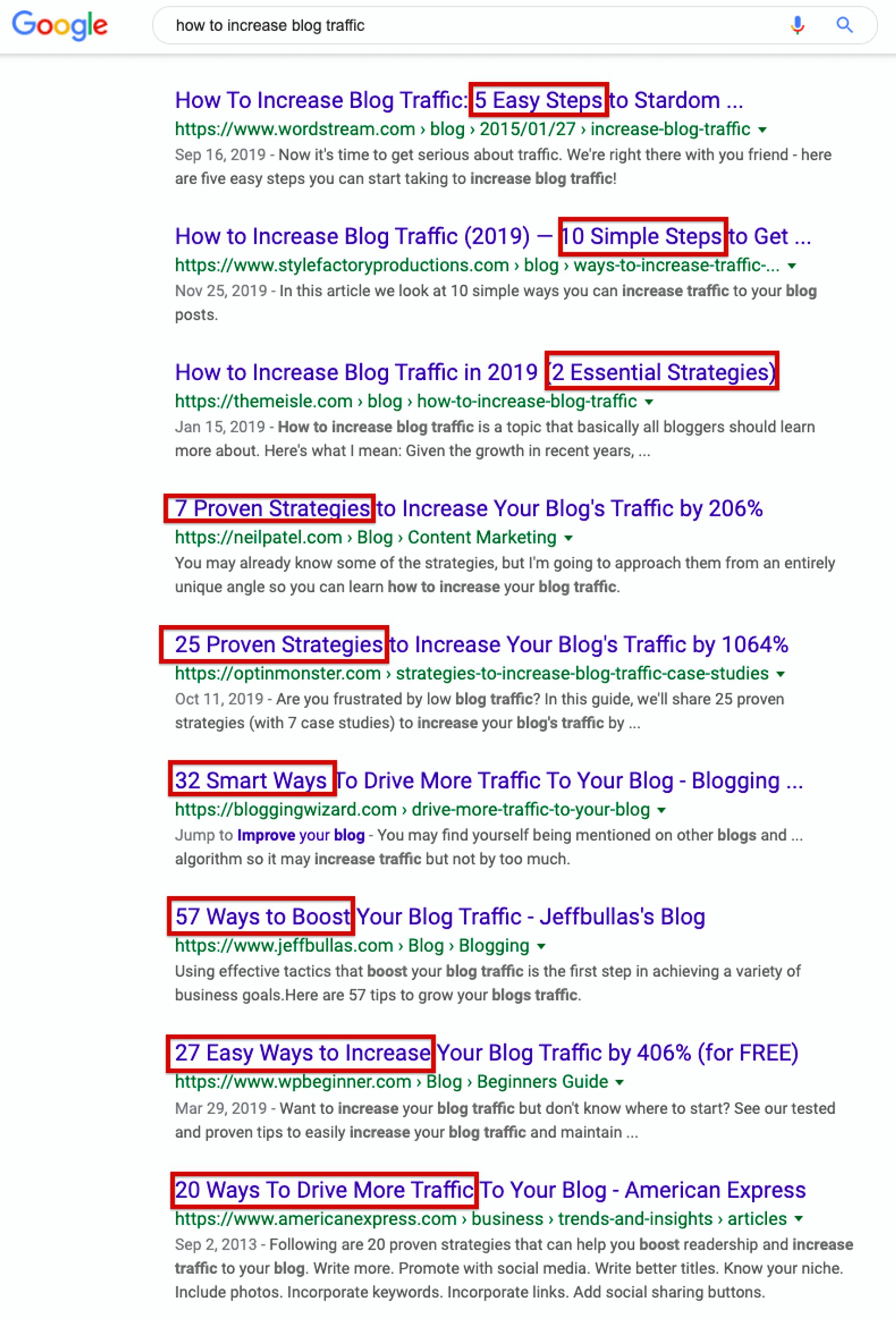 Screenshot of a search results page with portions of page titles outlined in red