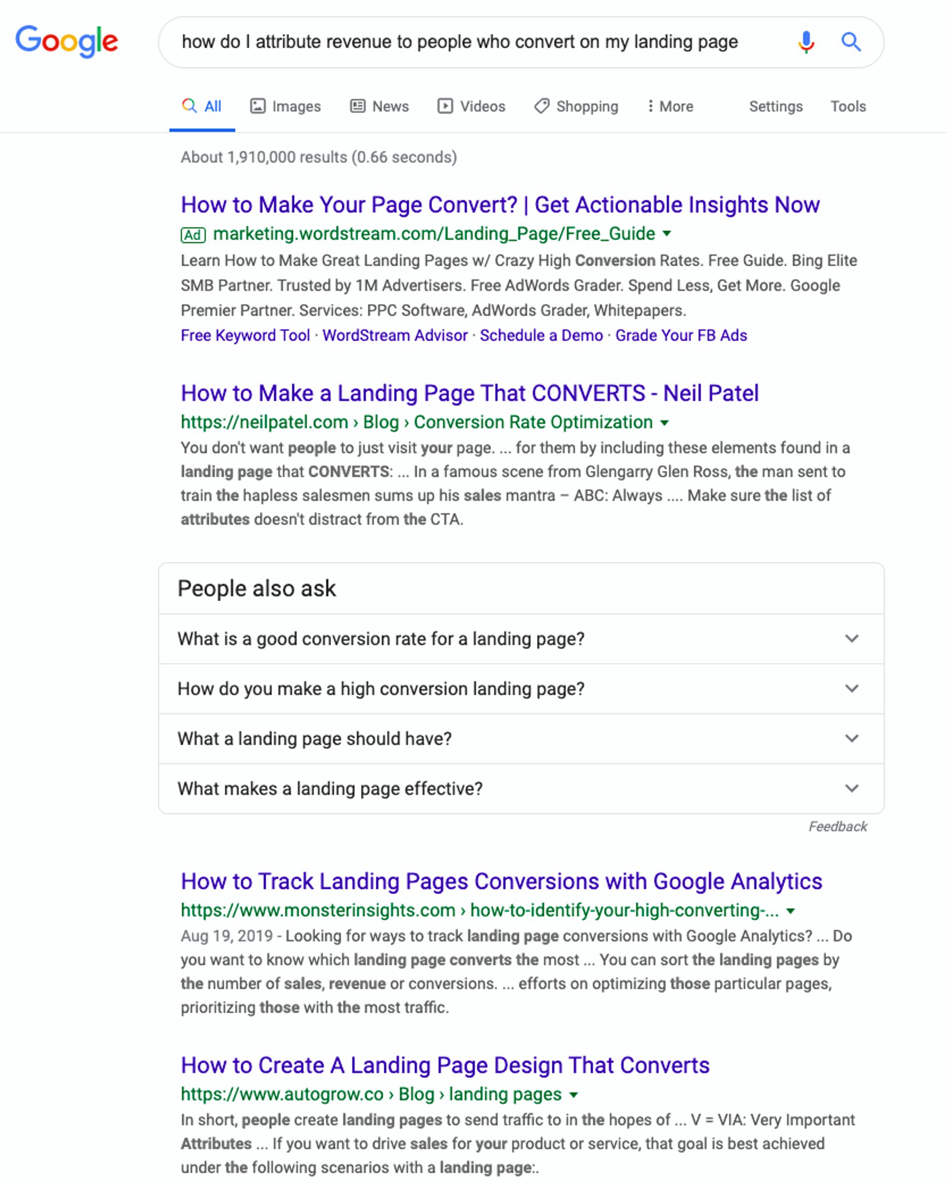 The Google results page for a long-tail keyword