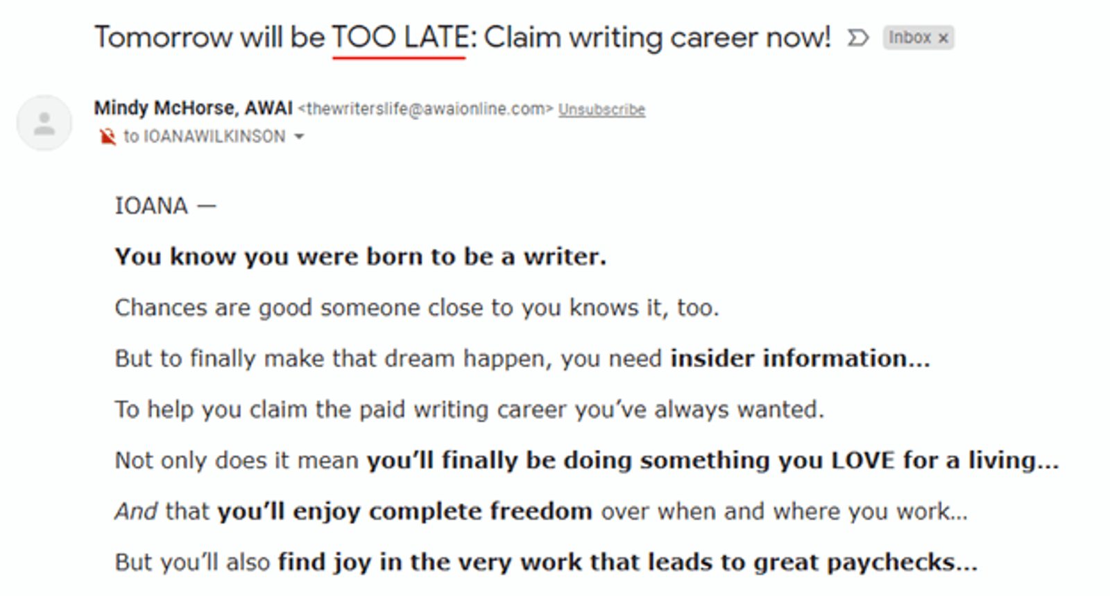 An example of using spammy words and all caps in newsletters