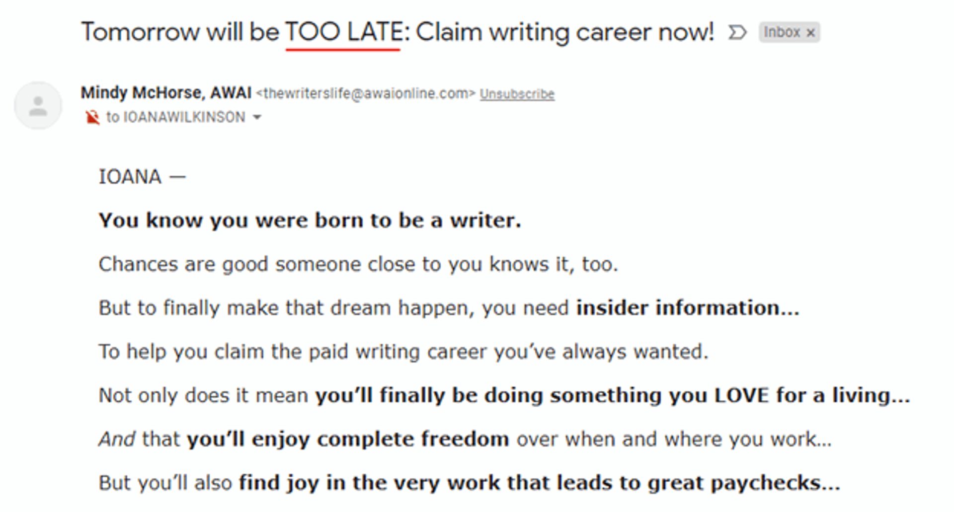 An example of using spammy words and all caps in newsletters