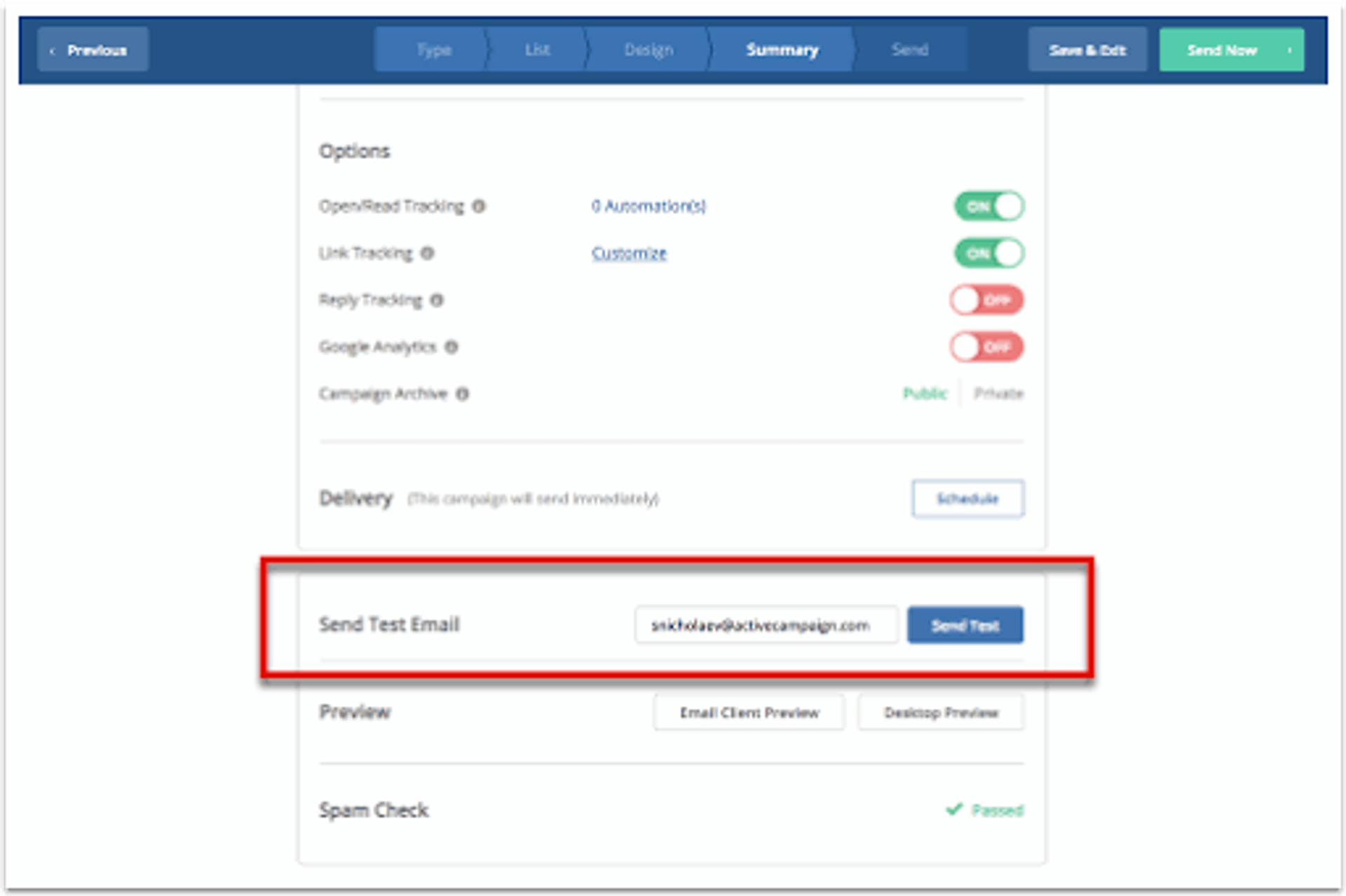activecampaign's 'send test' email button surrounded by a large red box