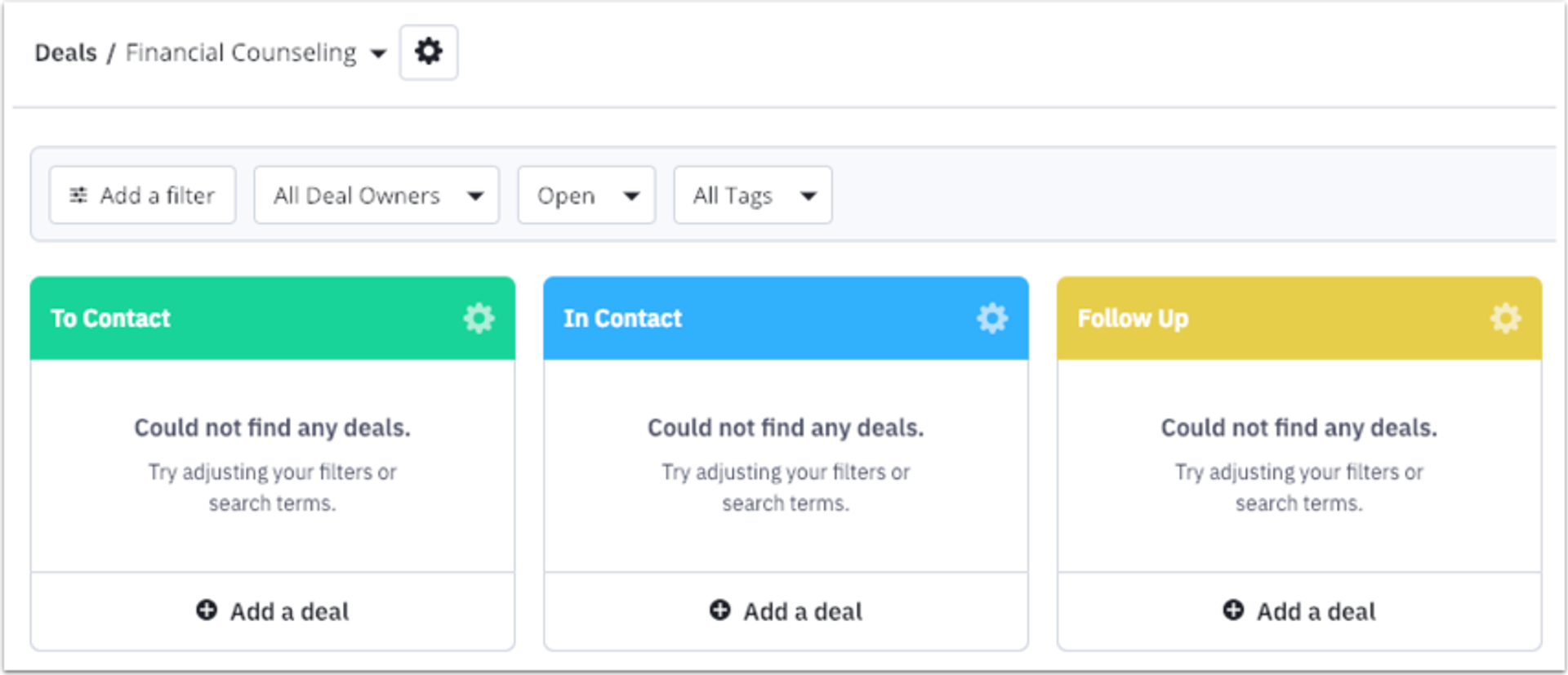 crm pipeline showing To Contact, In Contact, and Follow Up fields