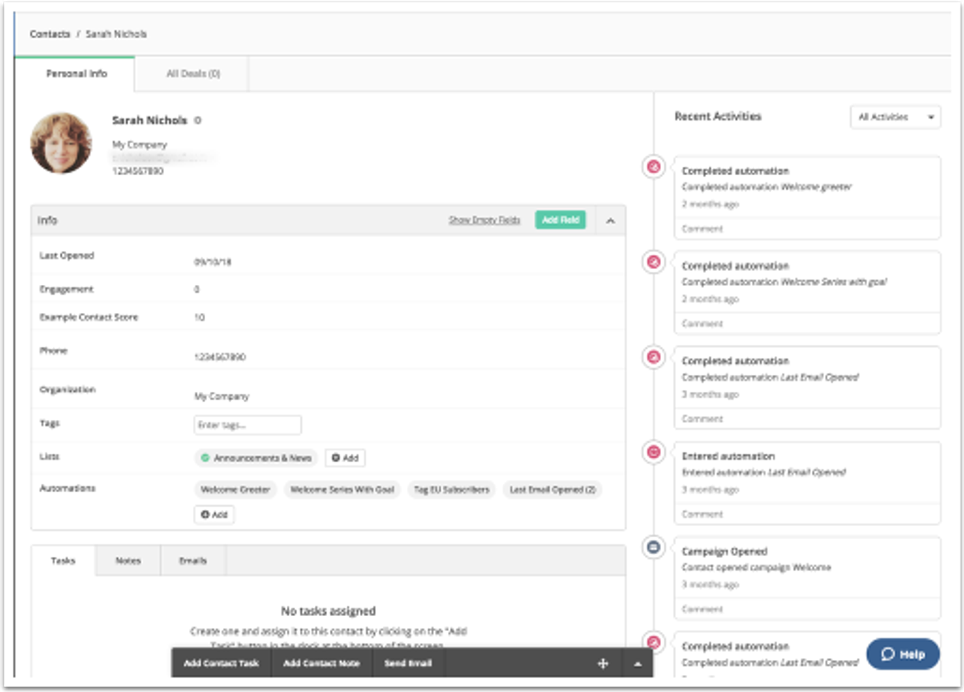 example of a contact in ActiveCampaign's CRM