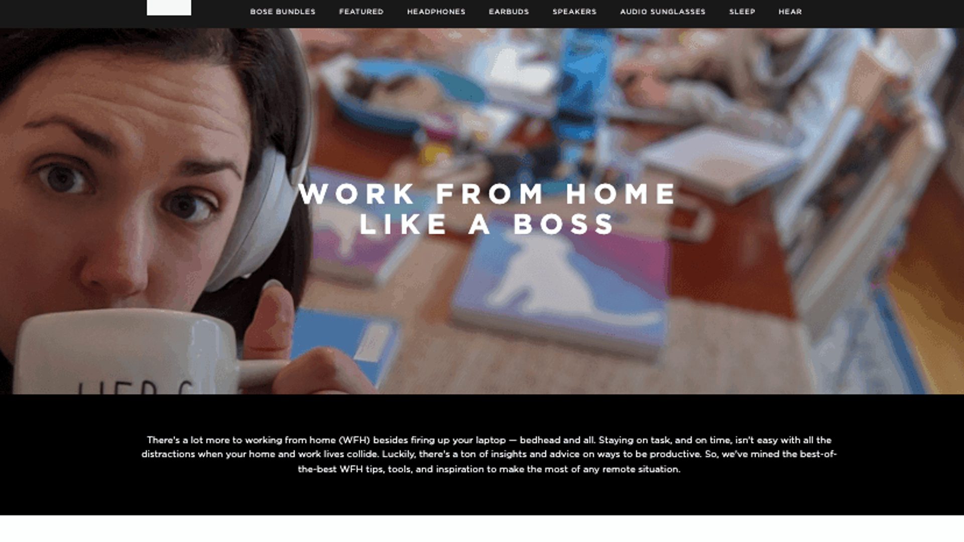 Screenshot of Bose website with hero image and headlines