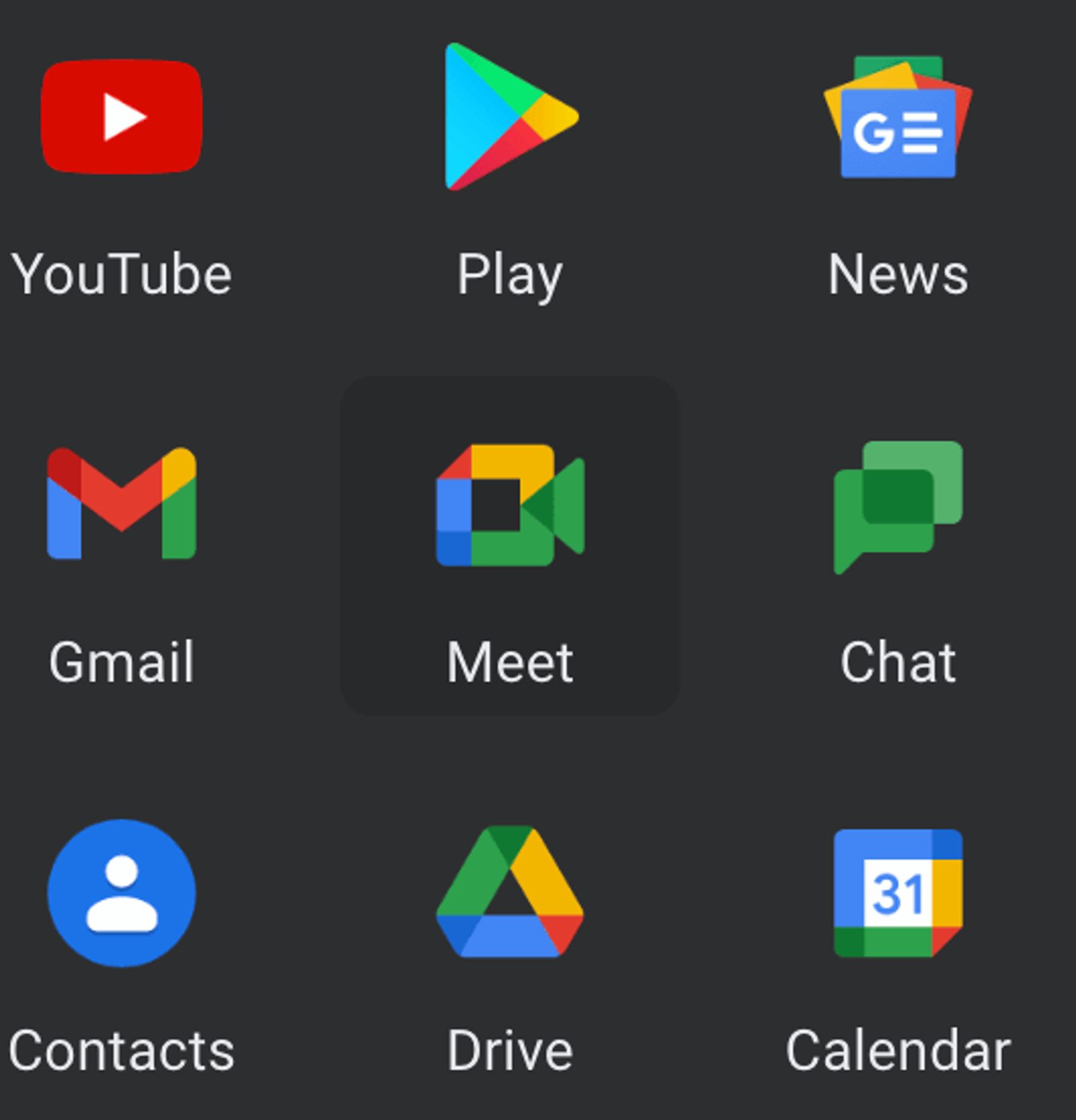 screenshot of available google apps