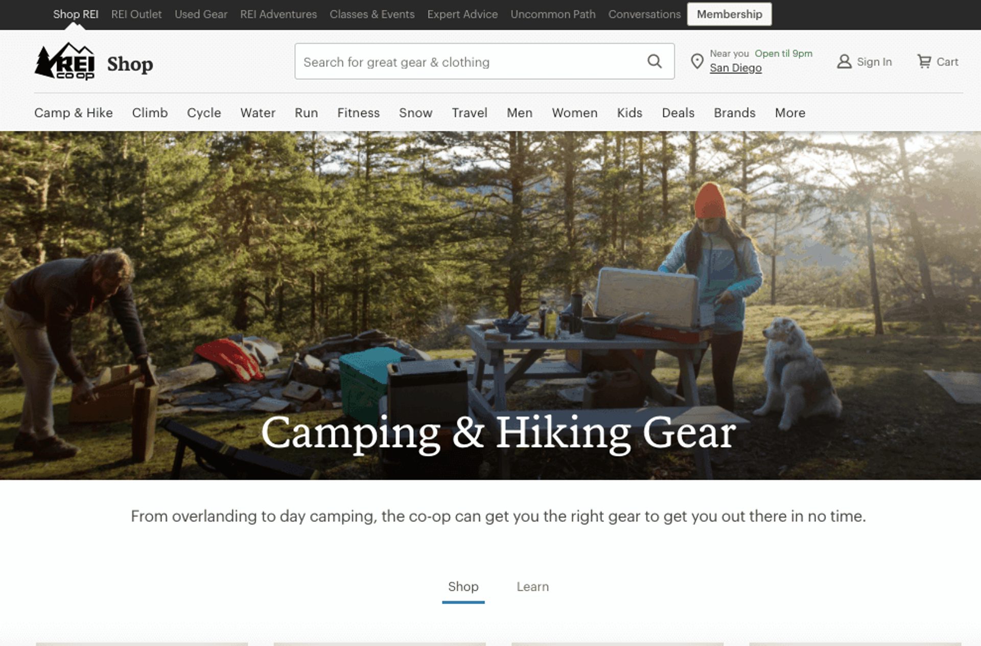 Screenshot from REI website with hero image and headline