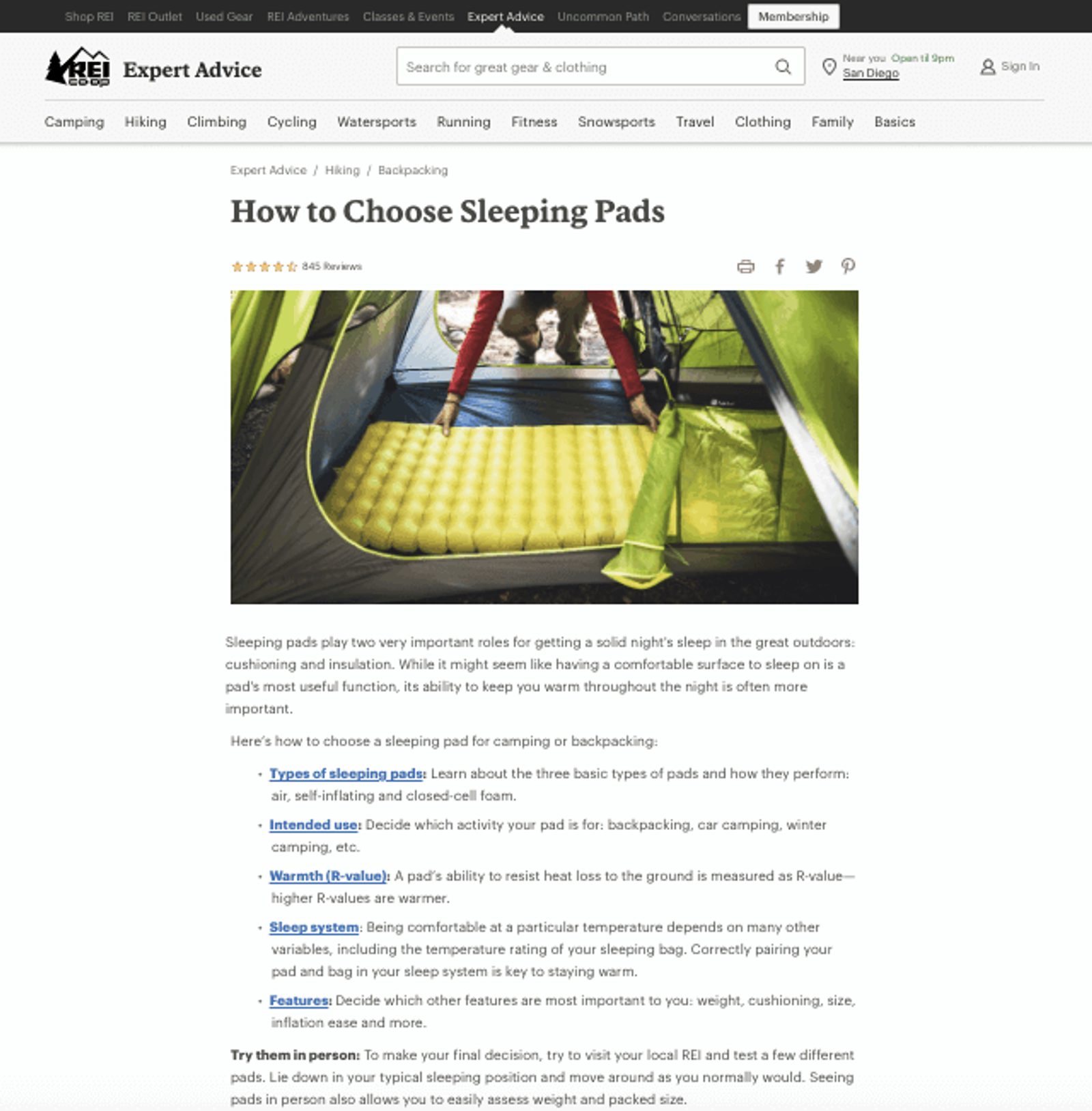 Screenshot of REI blog post with hero image and text