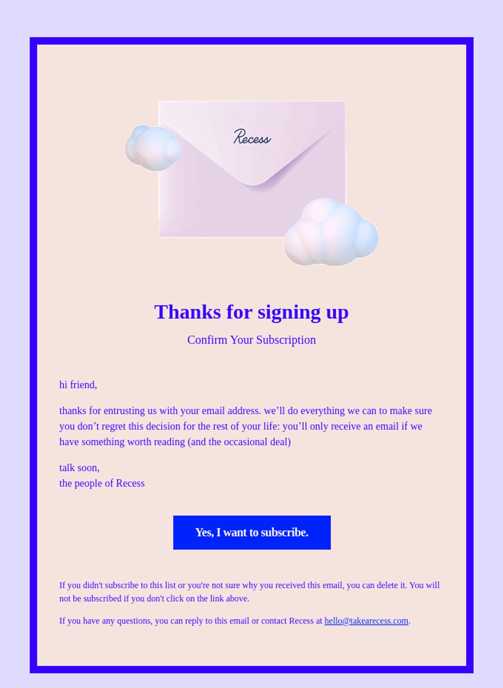 Confirmation email CTA example