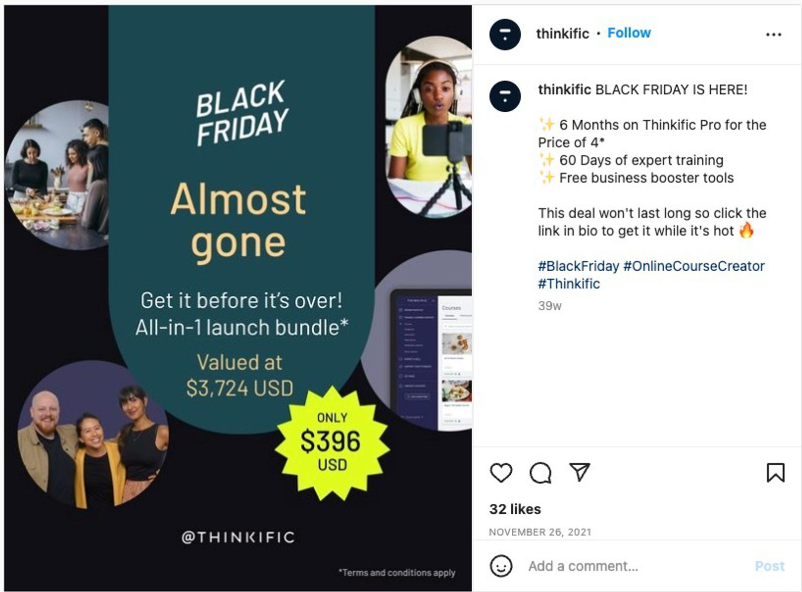Seguimiento de la publicación en el Instagram de Thinkific para el Black Friday