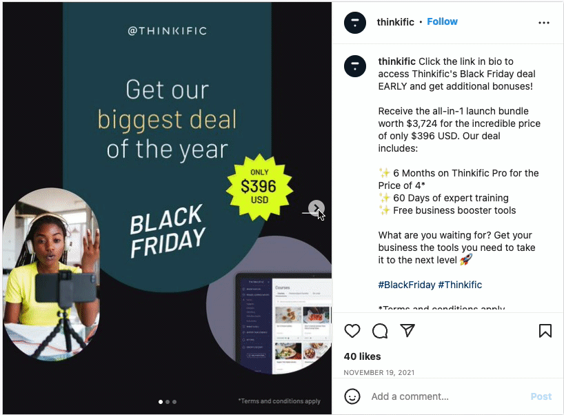 Publicación en el Instagram de Thinkific sobre el Black Friday
