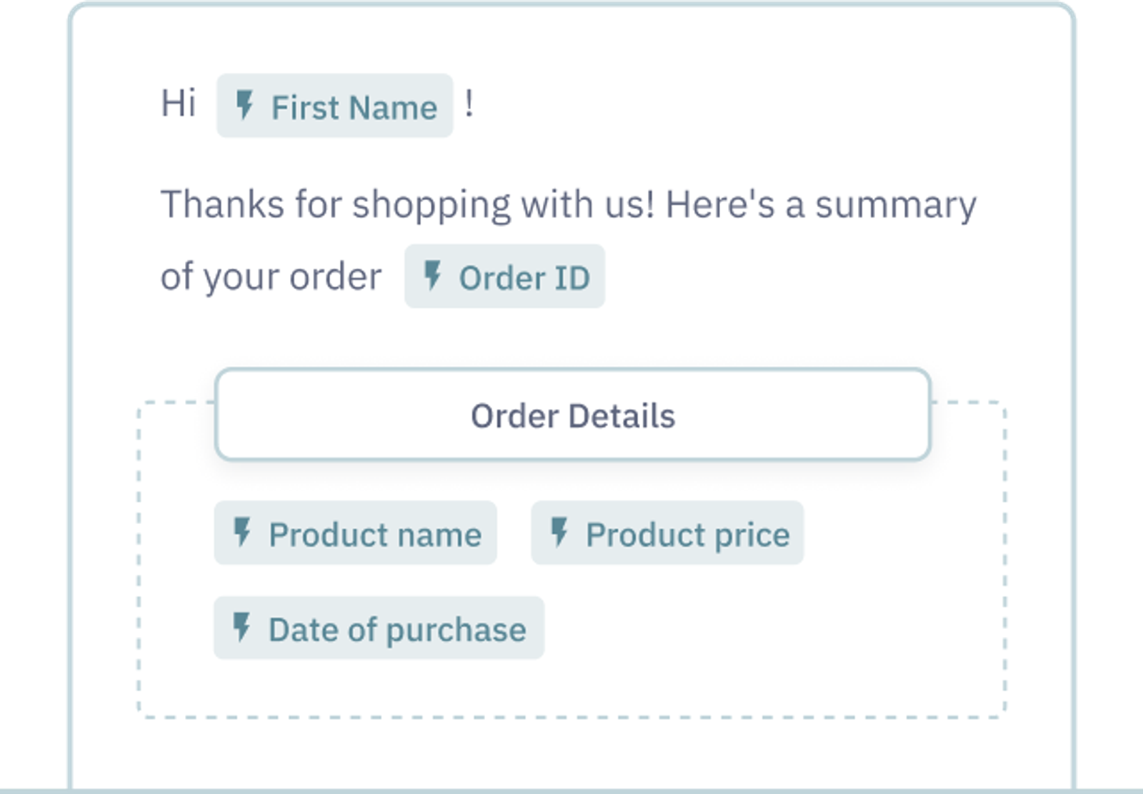 Example of adding dynamic tags to emails in order to add personalization. Dynamic options include First name, Order ID, Product name, Product price, date of purchase.