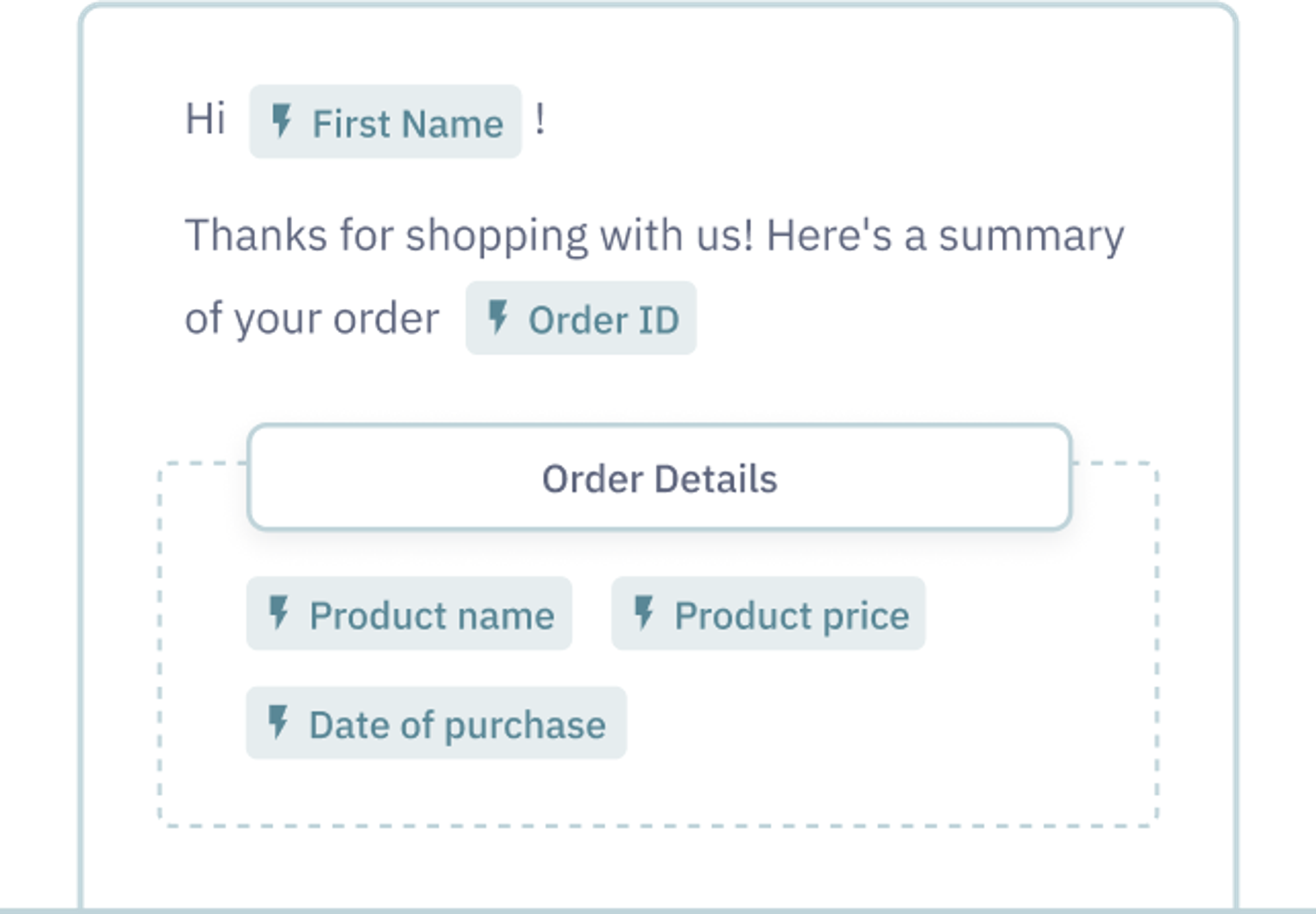 Example of adding dynamic tags to emails in order to add personalization. Dynamic options include First name, Order ID, Product name, Product price, date of purchase.