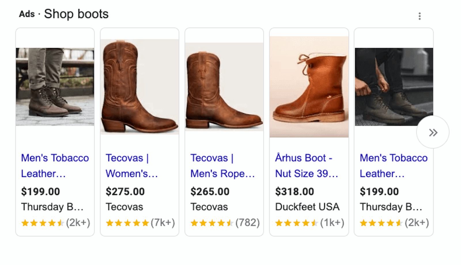 Anuncios de botas en la página de Google