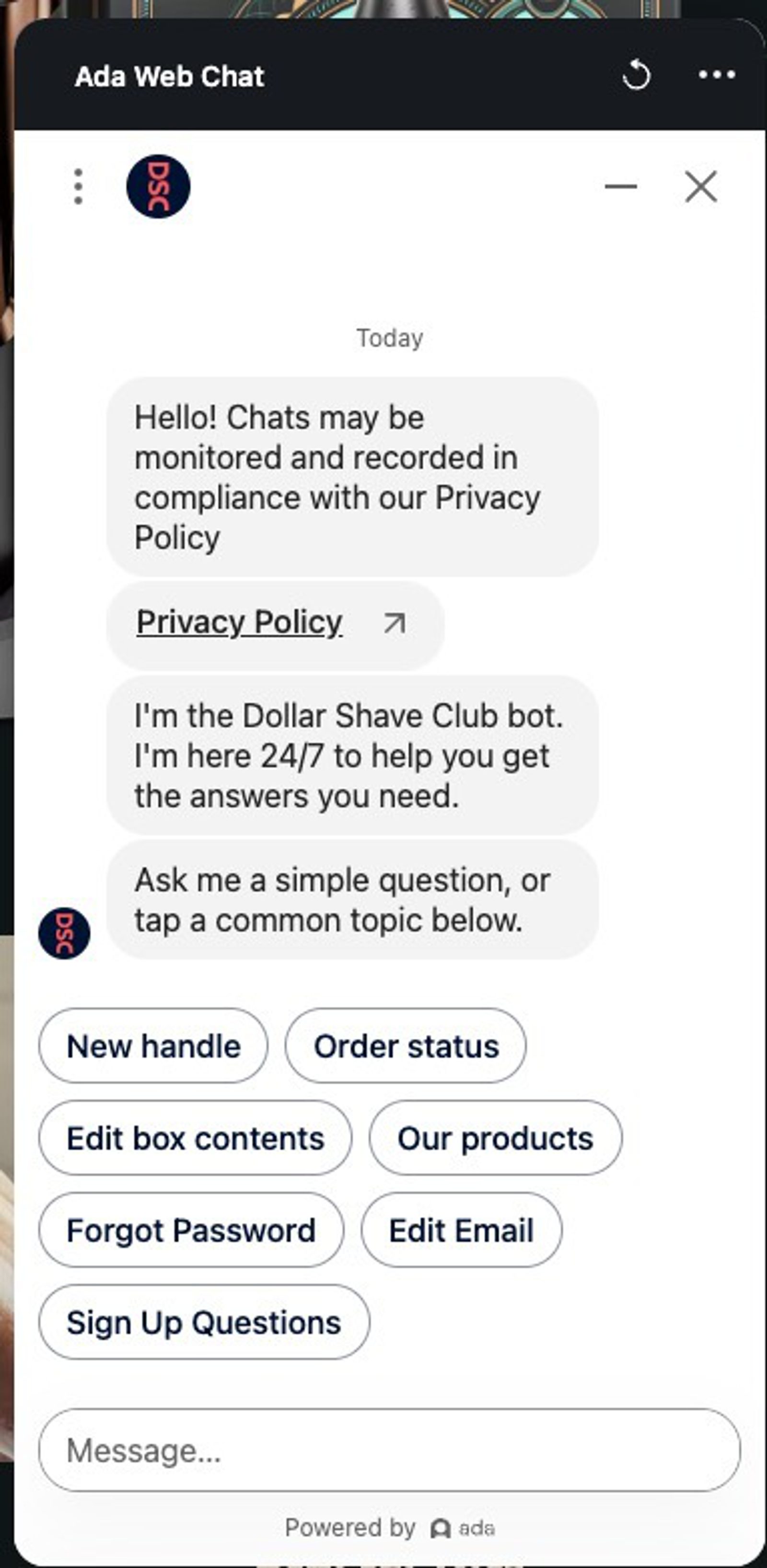 Dollar Shave Club’s bot serves up different FAQ options to help customers