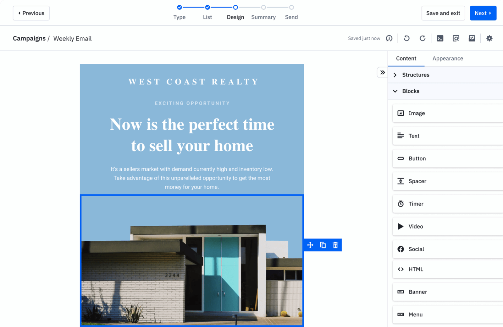 ActiveCampaign email designer interface