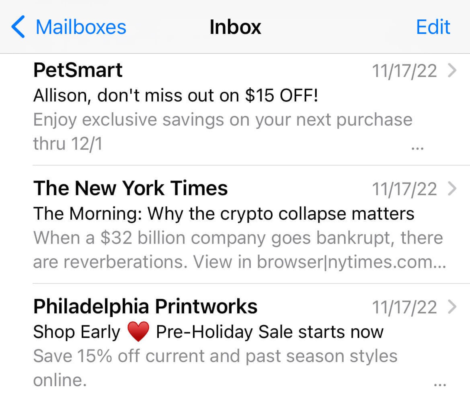 Email inbox with subject lines