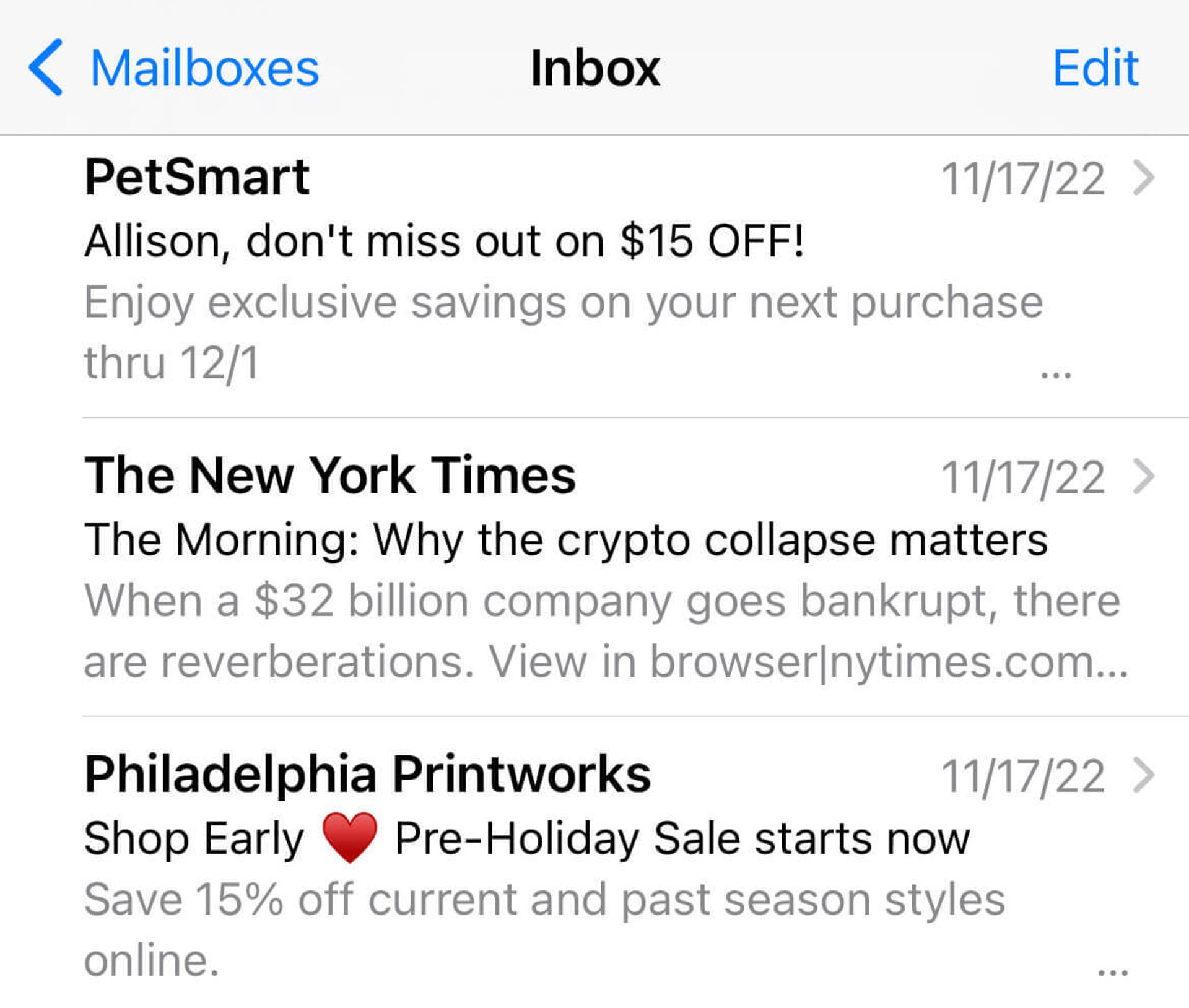 Email inbox with subject lines