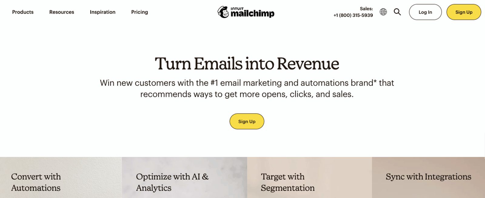 Homepage of Mailchimp website