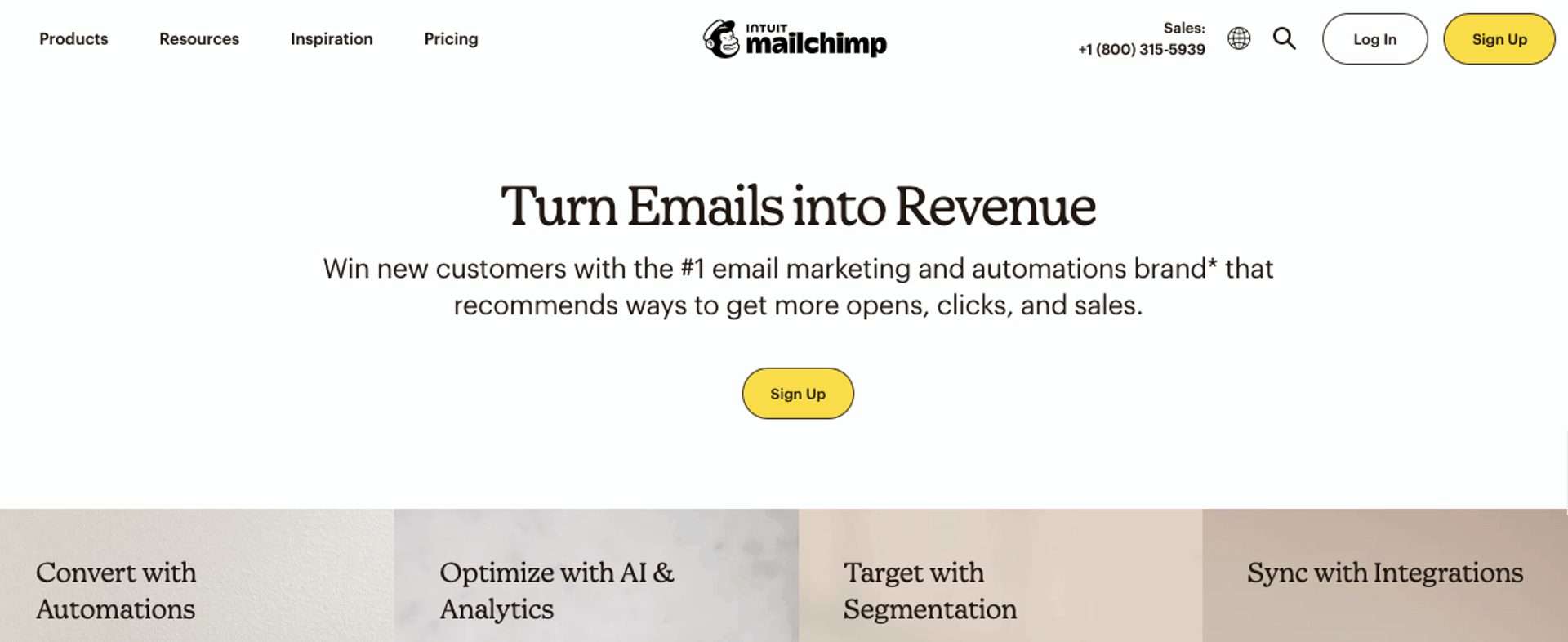 Homepage of Mailchimp website